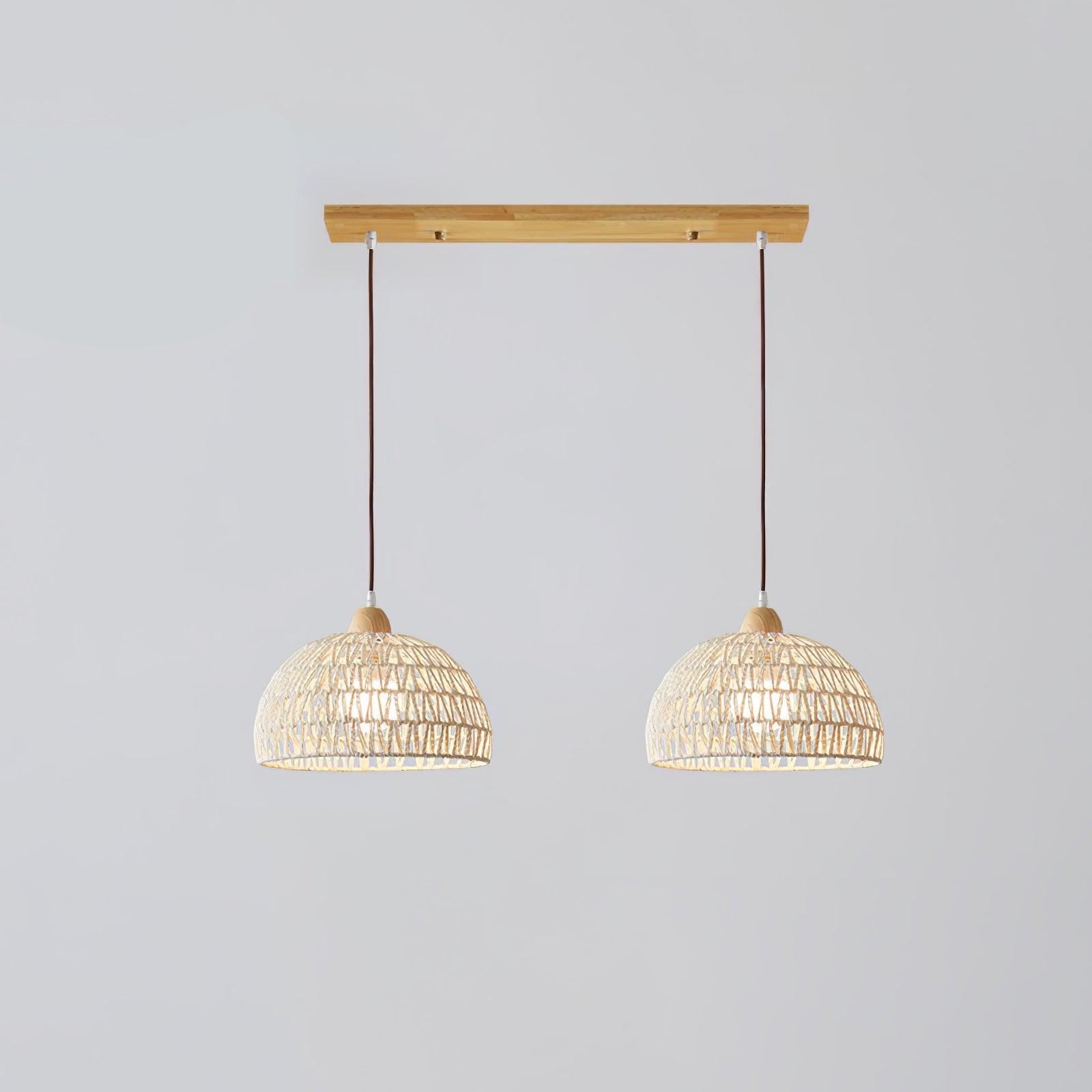 Modern Rattan Arch Pendant Light Handcrafted Wood and Woven Fiber Hanging Ceiling Lamp for Dining Room
