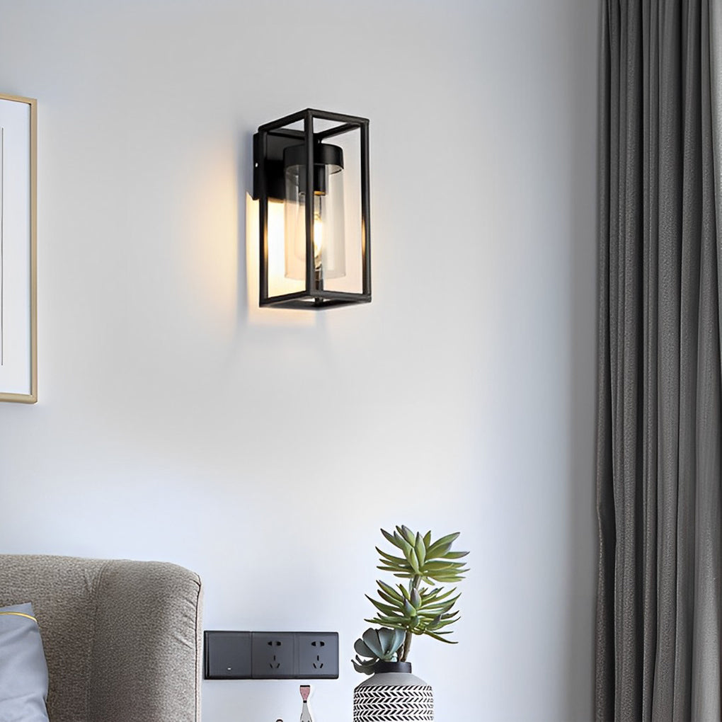 Modern Rectangular Black Metal and Glass Industrial Wall Sconce for Bedroom and Hallway