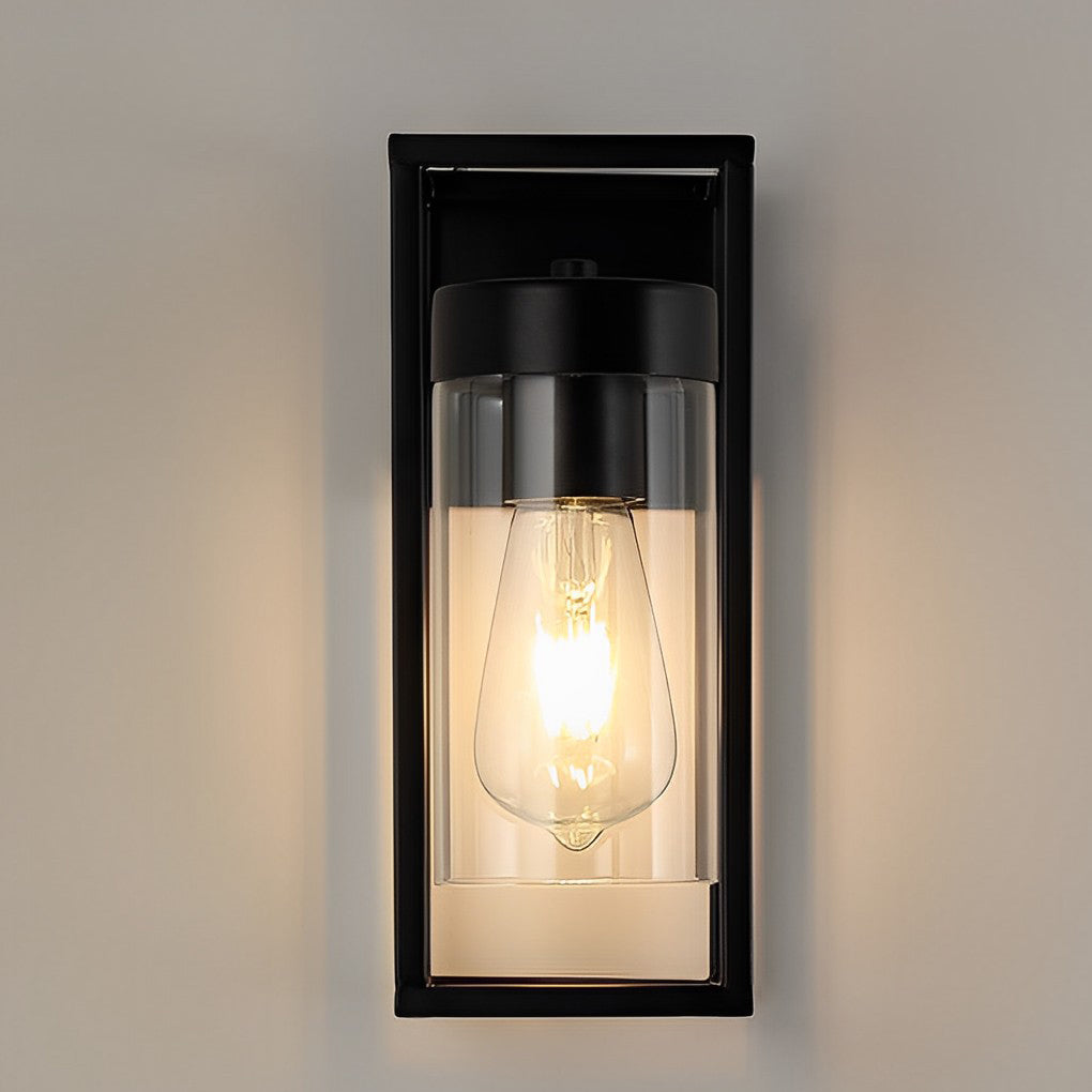 Modern Rectangular Black Metal and Glass Industrial Wall Sconce for Bedroom and Hallway