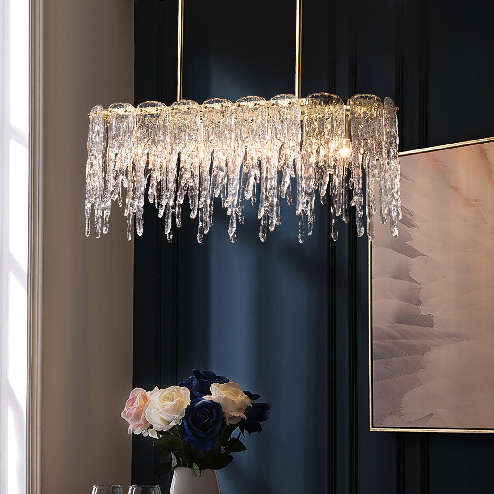 Modern Rectangular Icicle Crystal Glass Chandelier with Brass Finish for Luxury Dining Rooms