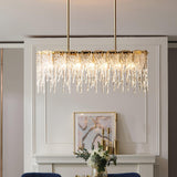 Modern Rectangular Icicle Crystal Glass Chandelier with Brass Finish for Luxury Dining Rooms
