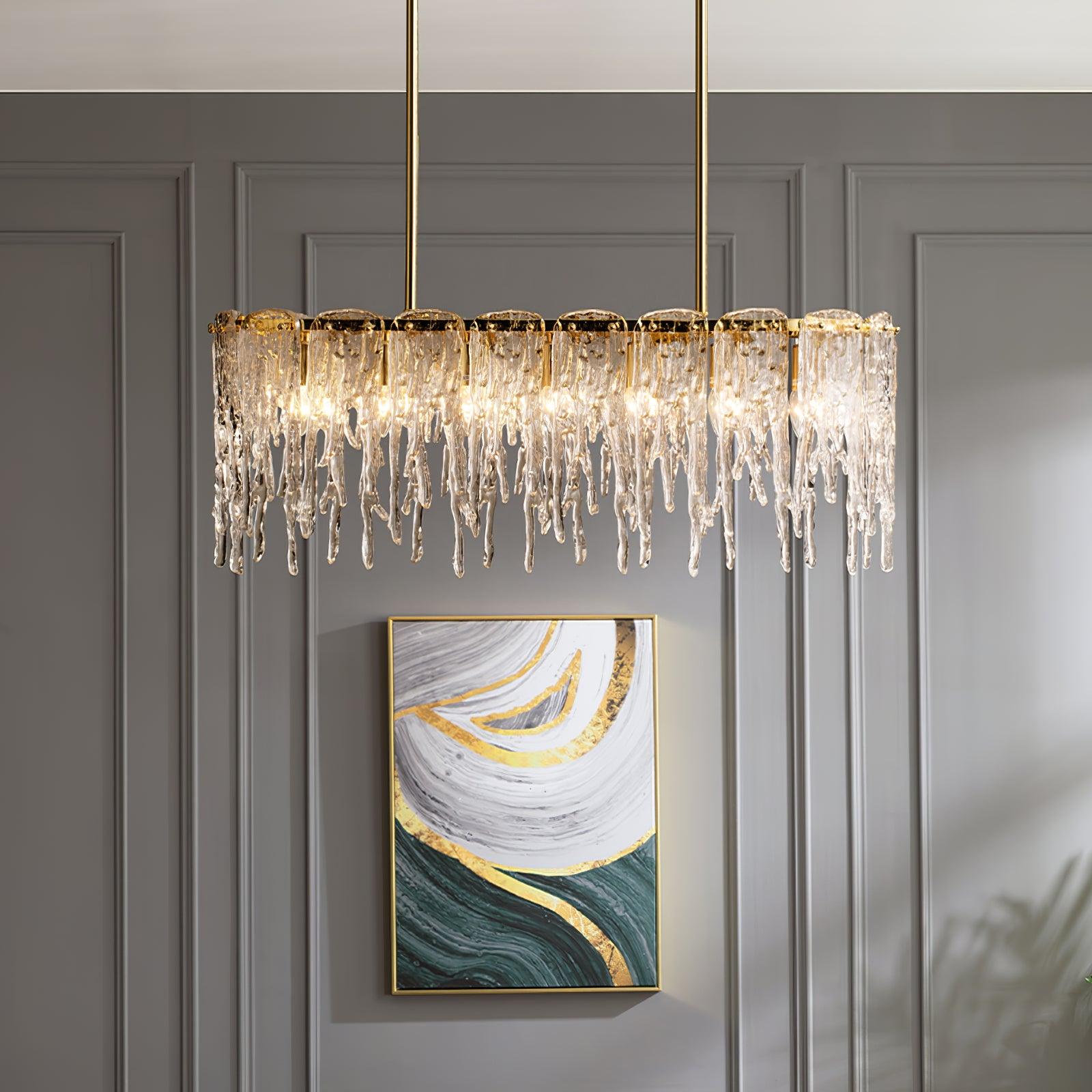 Modern Rectangular Icicle Crystal Glass Chandelier with Brass Finish for Luxury Dining Rooms