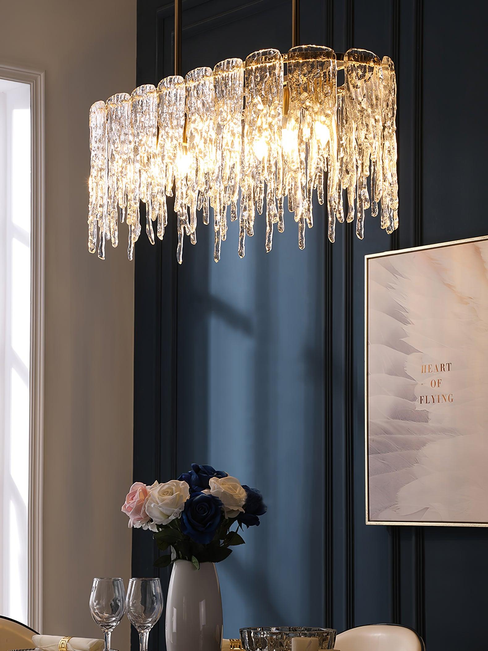 Modern Rectangular Icicle Crystal Glass Chandelier with Brass Finish for Luxury Dining Rooms