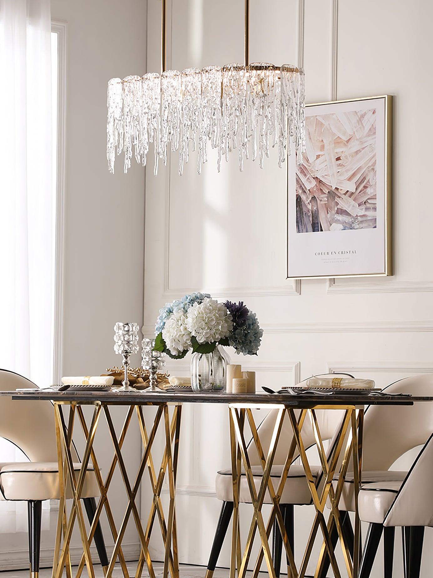 Modern Rectangular Icicle Crystal Glass Chandelier with Brass Finish for Luxury Dining Rooms