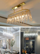Modern Rectangular Icicle Crystal Glass Chandelier with Brass Finish for Luxury Dining Rooms
