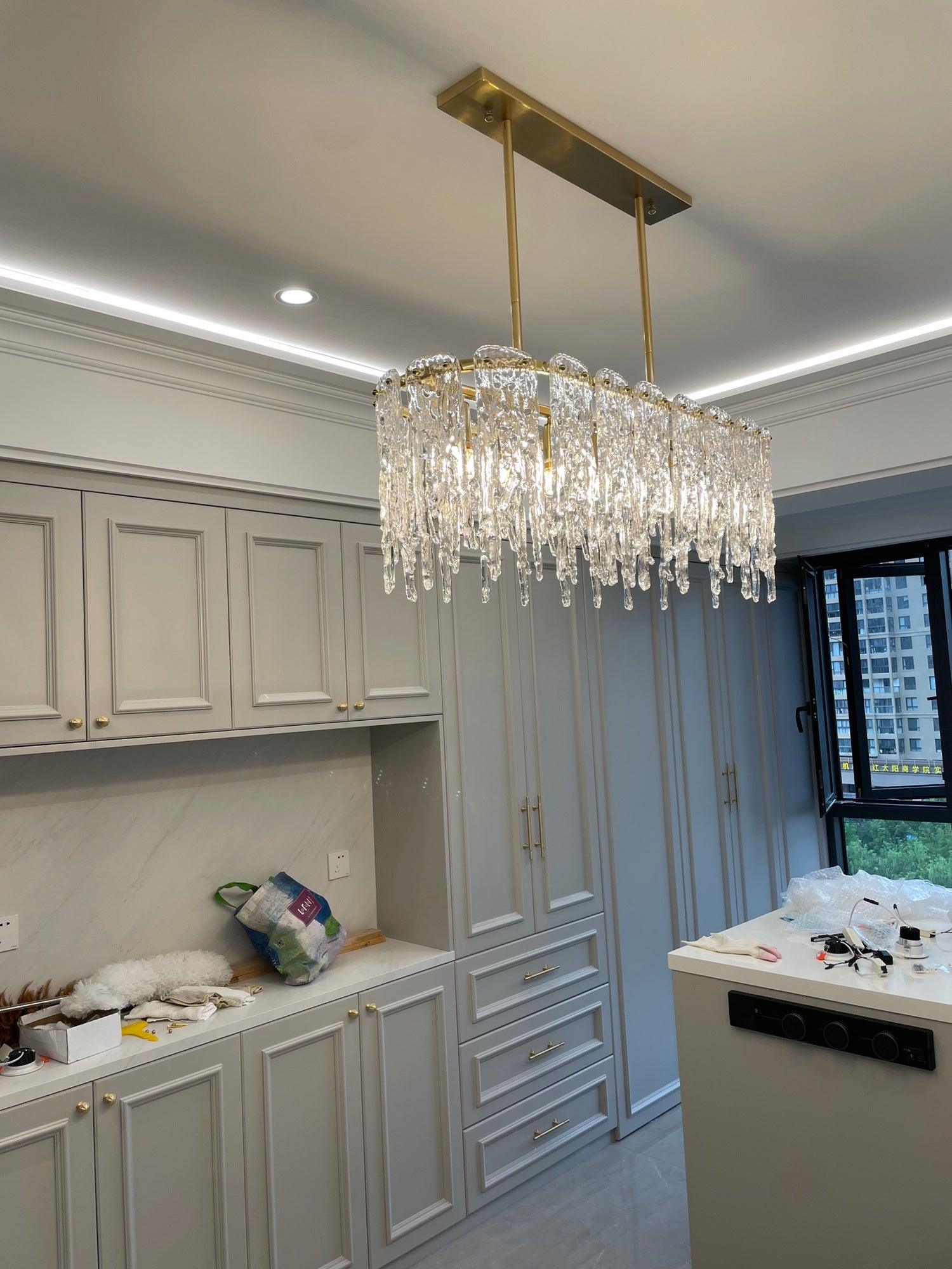 Modern Rectangular Icicle Crystal Glass Chandelier with Brass Finish for Luxury Dining Rooms