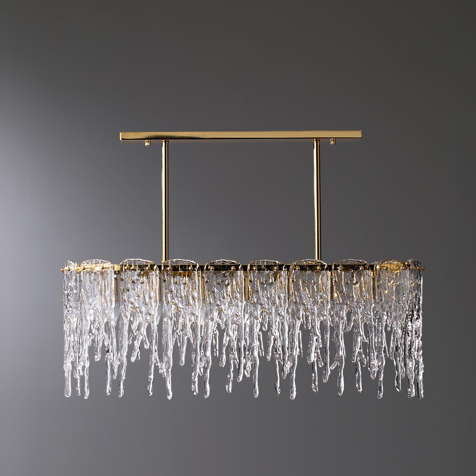 Modern Rectangular Icicle Crystal Glass Chandelier with Brass Finish for Luxury Dining Rooms