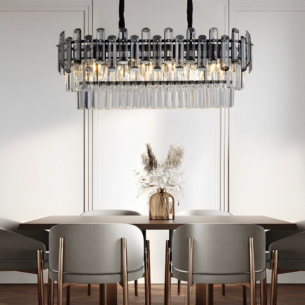 Modern Rectangular LED Crystal Chandelier with 3 Color Dimming for Dining Room