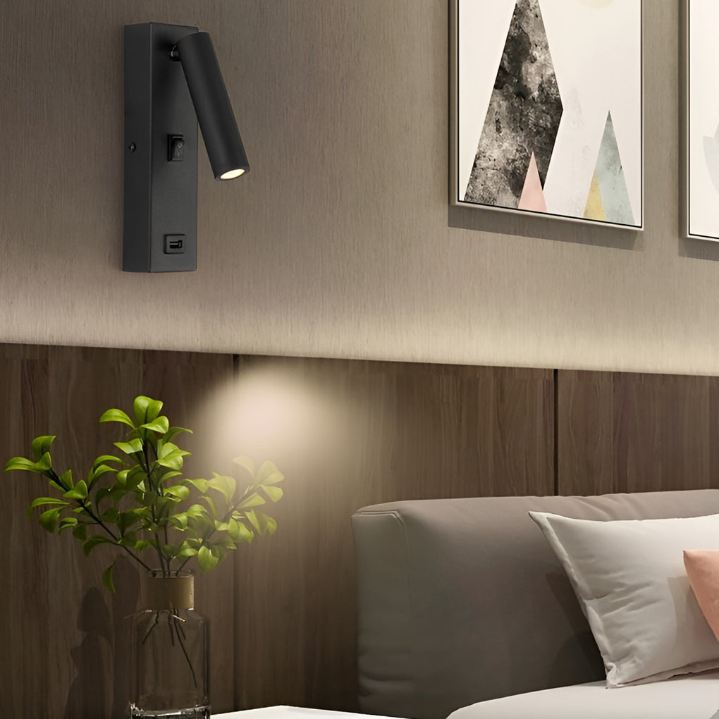 Modern Rectangular LED Wall Sconce with USB Charging Port and Manual Switch Bedside Reading Lamp