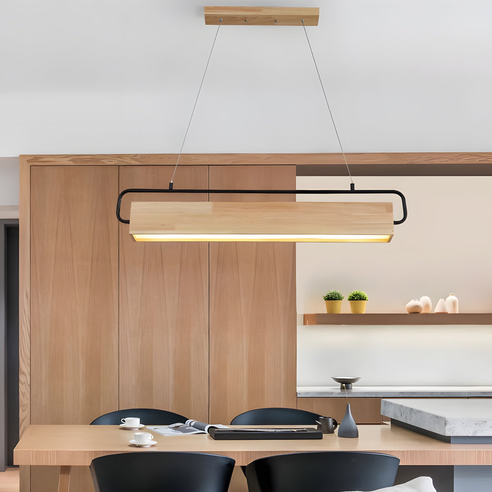 Modern Rectangular Rubber Wood LED Pendant Light for Dining Room and Kitchen Island
