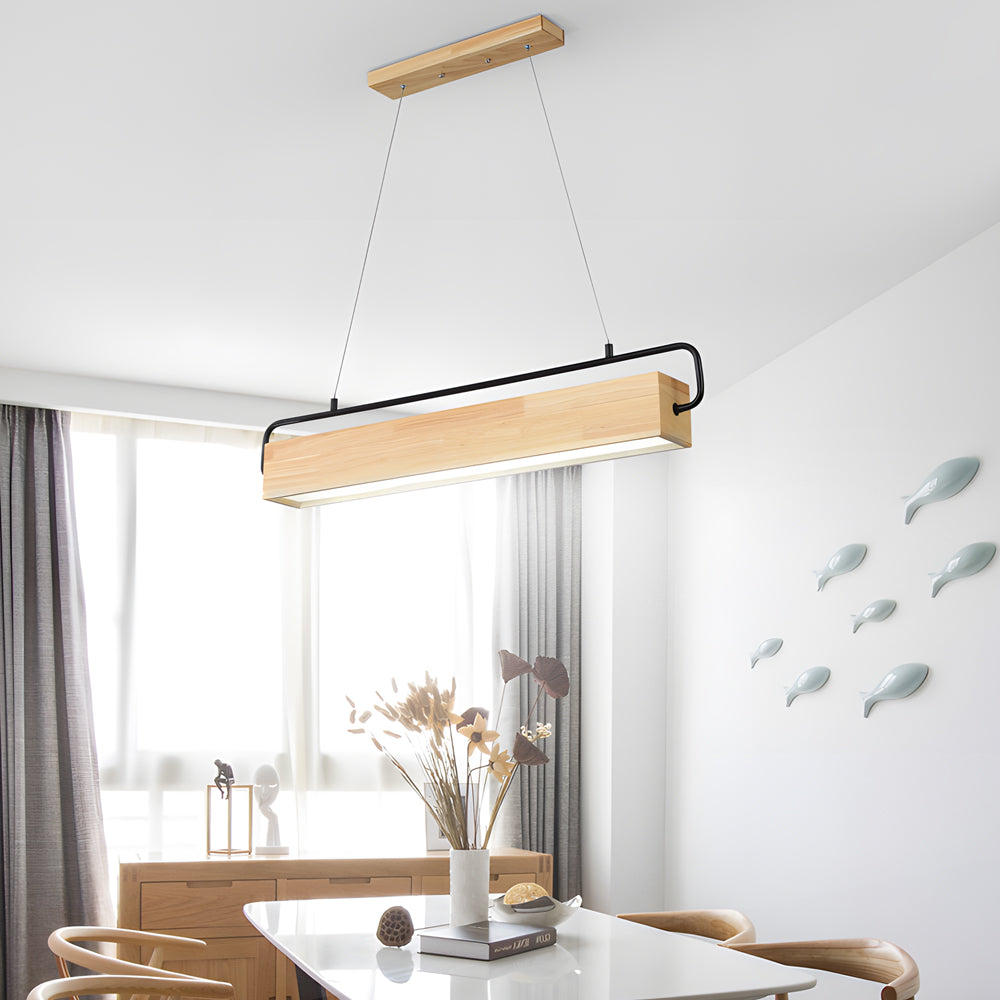 Modern Rectangular Rubber Wood LED Pendant Light for Dining Room and Kitchen Island