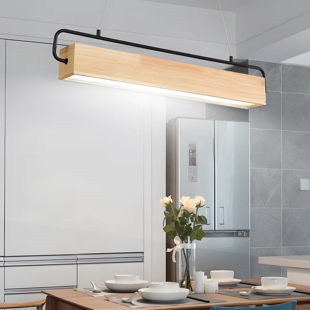Modern Rectangular Rubber Wood LED Pendant Light for Dining Room and Kitchen Island