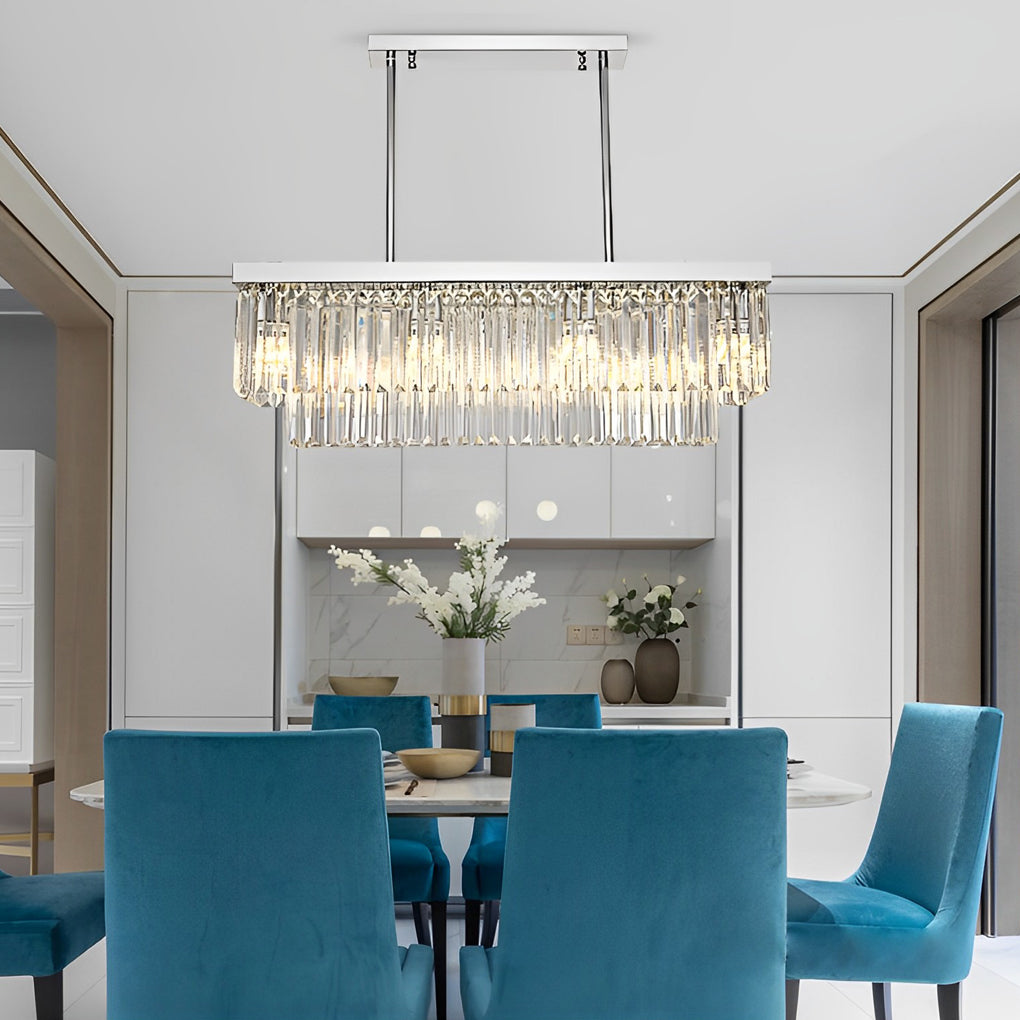 Modern Rectangular Silver Crystal Chandelier 3 Step Dimming Nordic Pendant Light for Dining Room