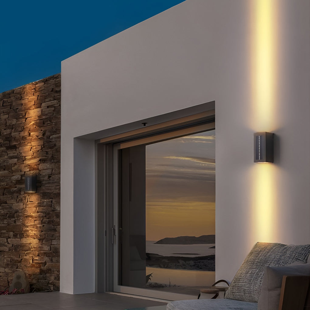 Modern Rectangular Solar Powered LED Outdoor Wall Sconce Waterproof Up and Down Exterior Porch Lighting
