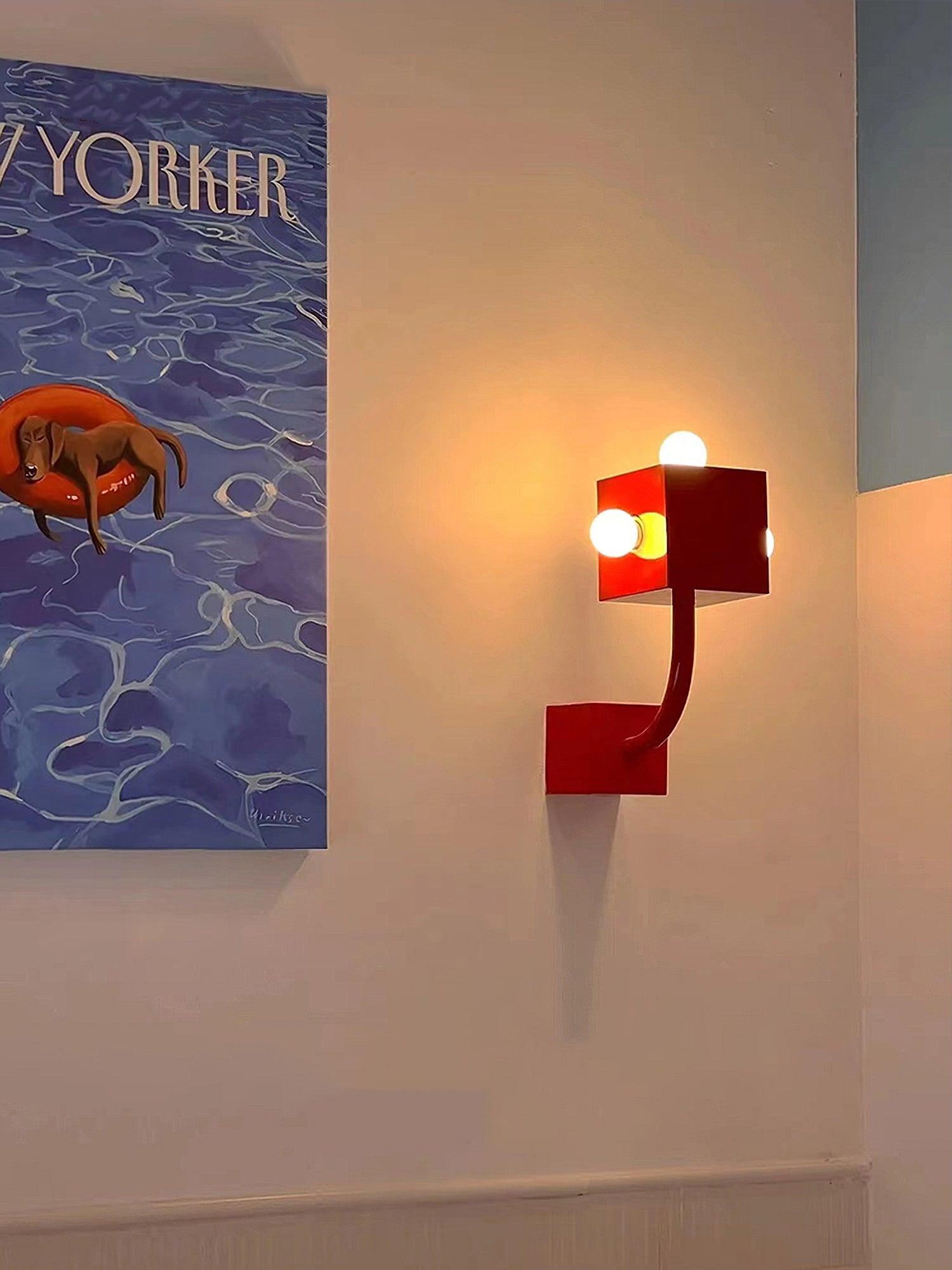 Modern Red Geometric Cube Wall Sconce Industrial Metal Indoor Light Fixture