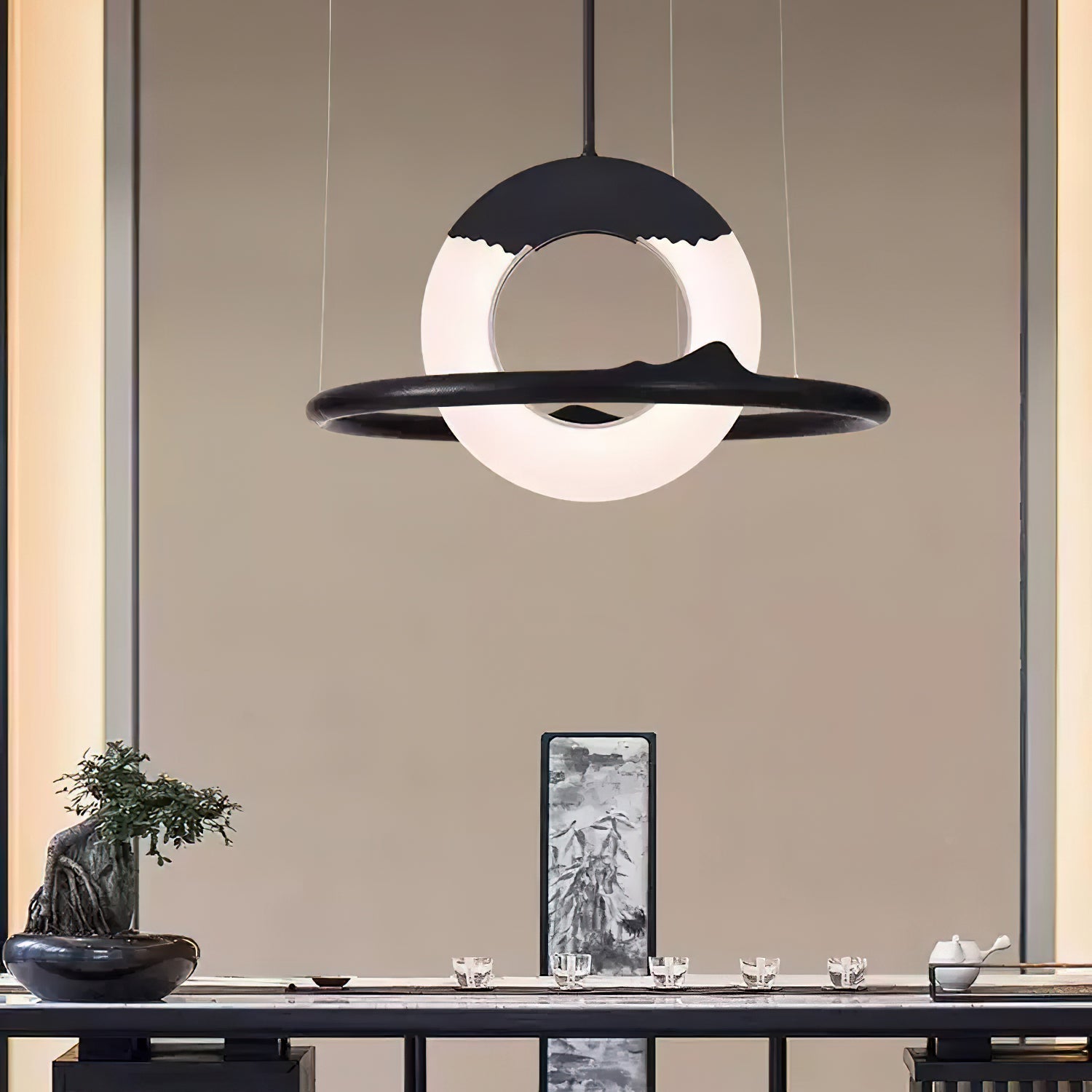 Modern Reincarnation Wood Ring LED Pendant Light Circular Minimalist Chandelier