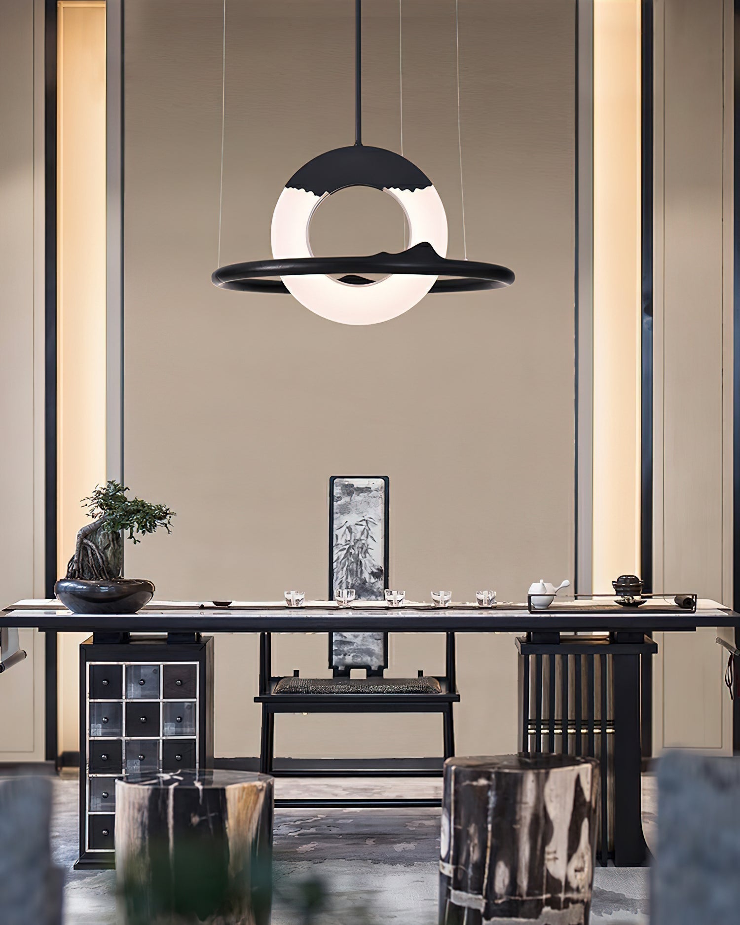 Modern Reincarnation Wood Ring LED Pendant Light Circular Minimalist Chandelier