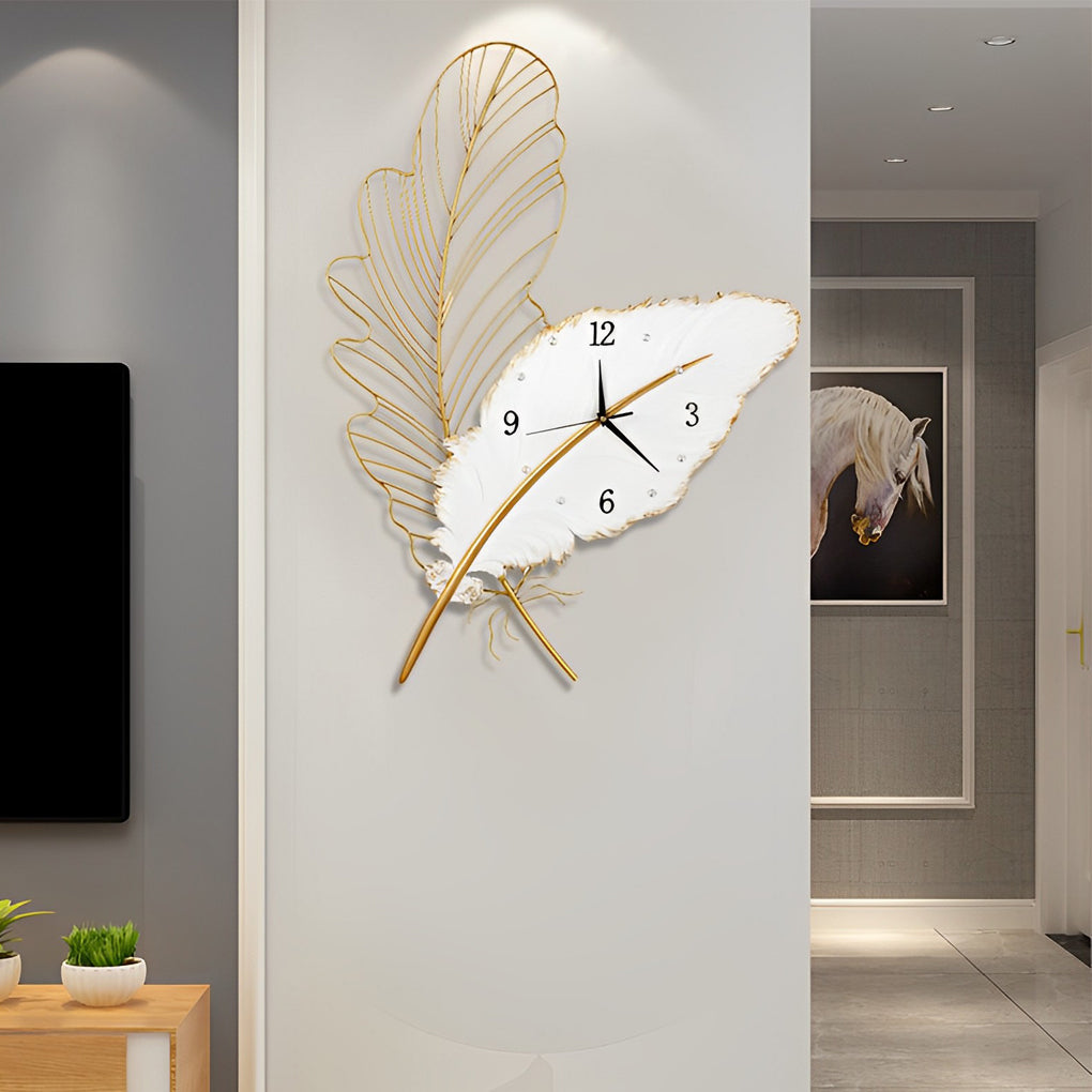 Modern Resin Feather LED Wall Clock Silent Artistic Sconce for Living Room Bedroom Decor