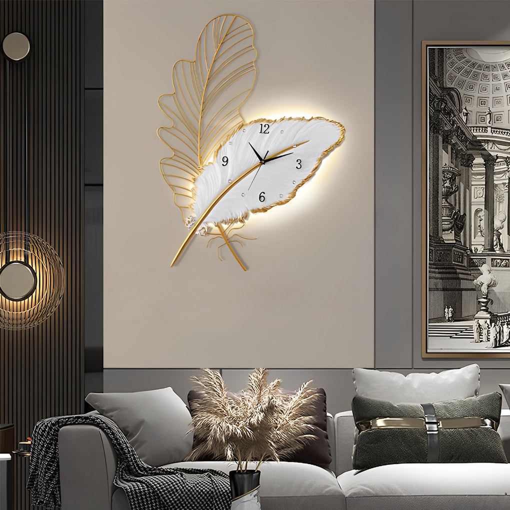 Modern Resin Feather LED Wall Clock Silent Artistic Sconce for Living Room Bedroom Decor