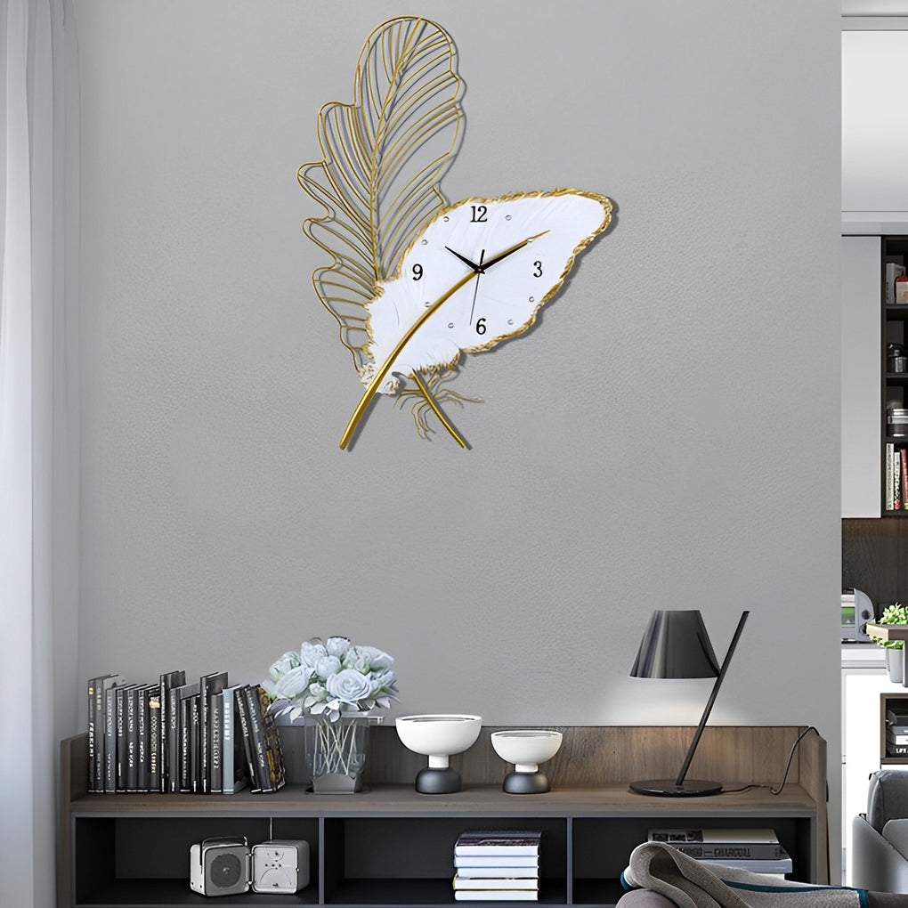 Modern Resin Feather LED Wall Clock Silent Artistic Sconce for Living Room Bedroom Decor