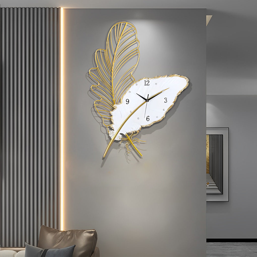 Modern Resin Feather LED Wall Clock Silent Artistic Sconce for Living Room Bedroom Decor
