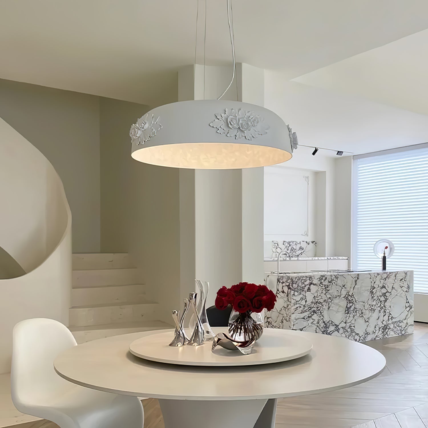 Modern Resin Pendant Light with Crystal Accents White and Beige LED Ceiling Fixture for Elegant Interiors