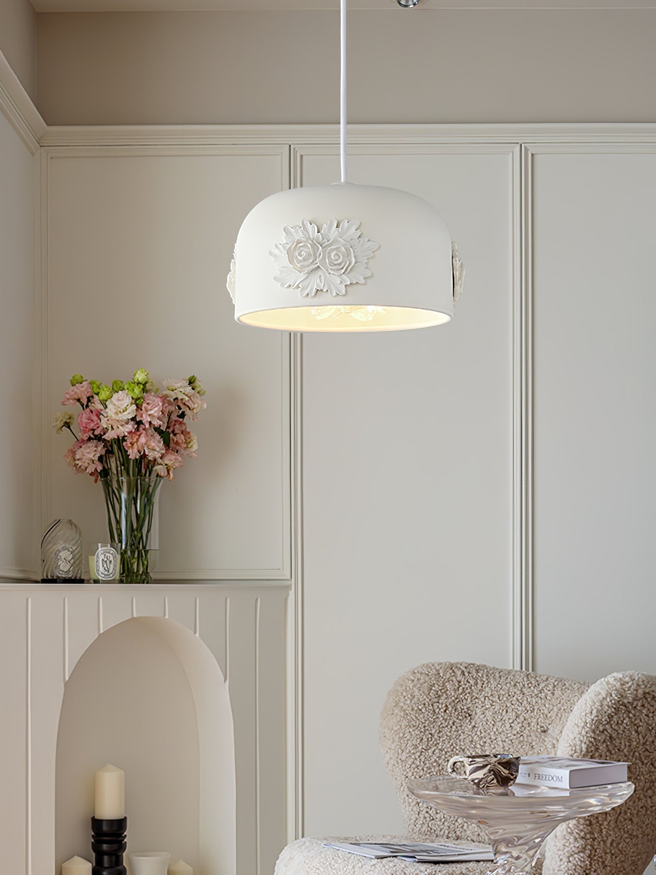 Modern Resin Pendant Light with Crystal Accents White and Beige LED Ceiling Fixture for Elegant Interiors