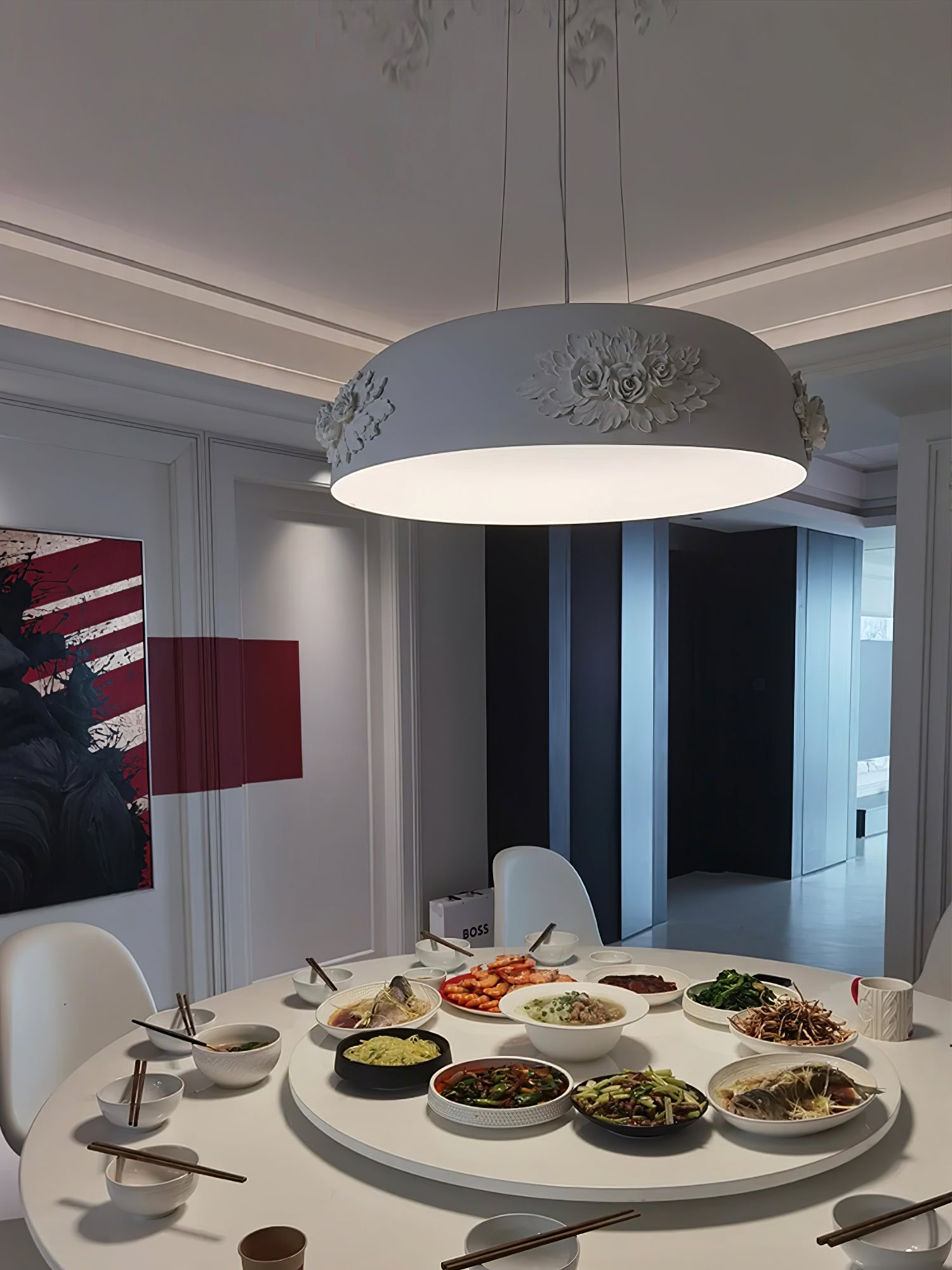 Modern Resin Pendant Light with Crystal Accents White and Beige LED Ceiling Fixture for Elegant Interiors