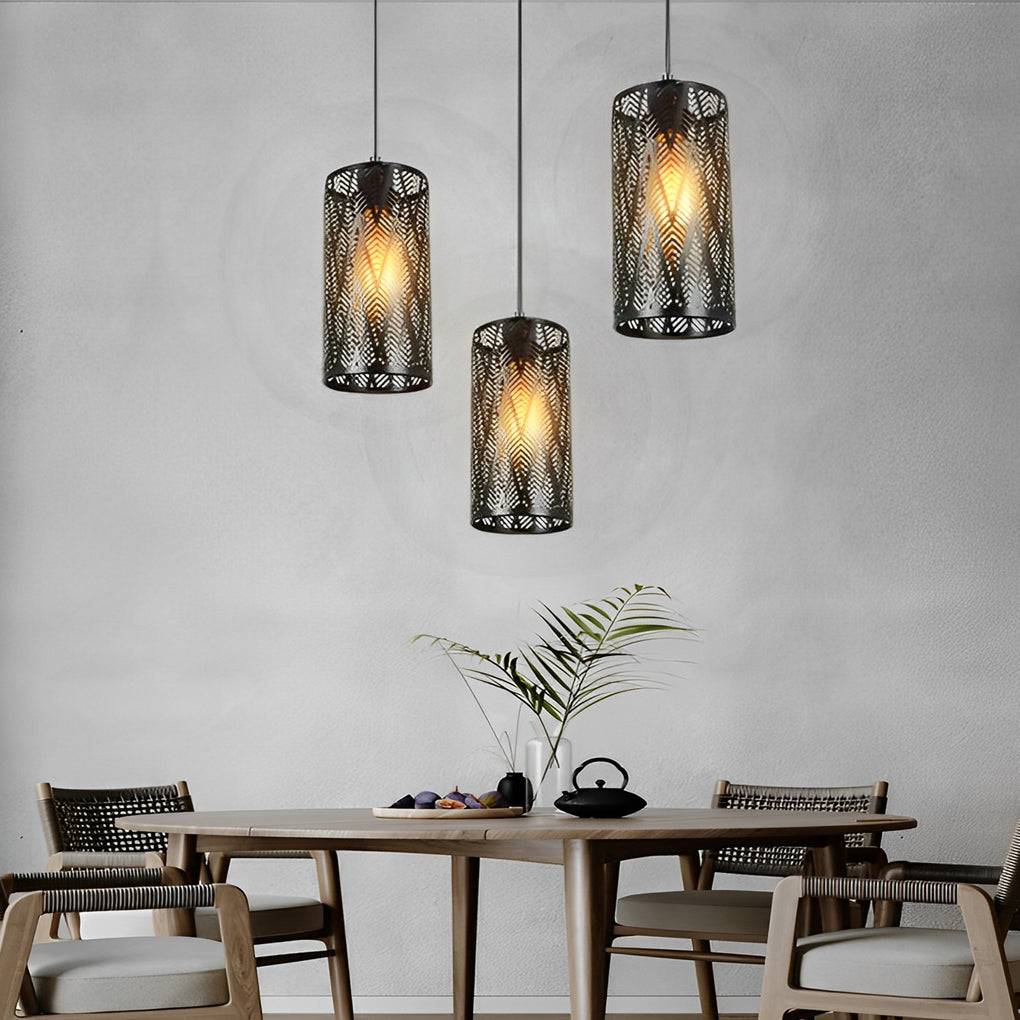 Modern Retro Cylindrical Hollow Iron Black Industrial Style Pendant Light for Kitchen and Dining Room