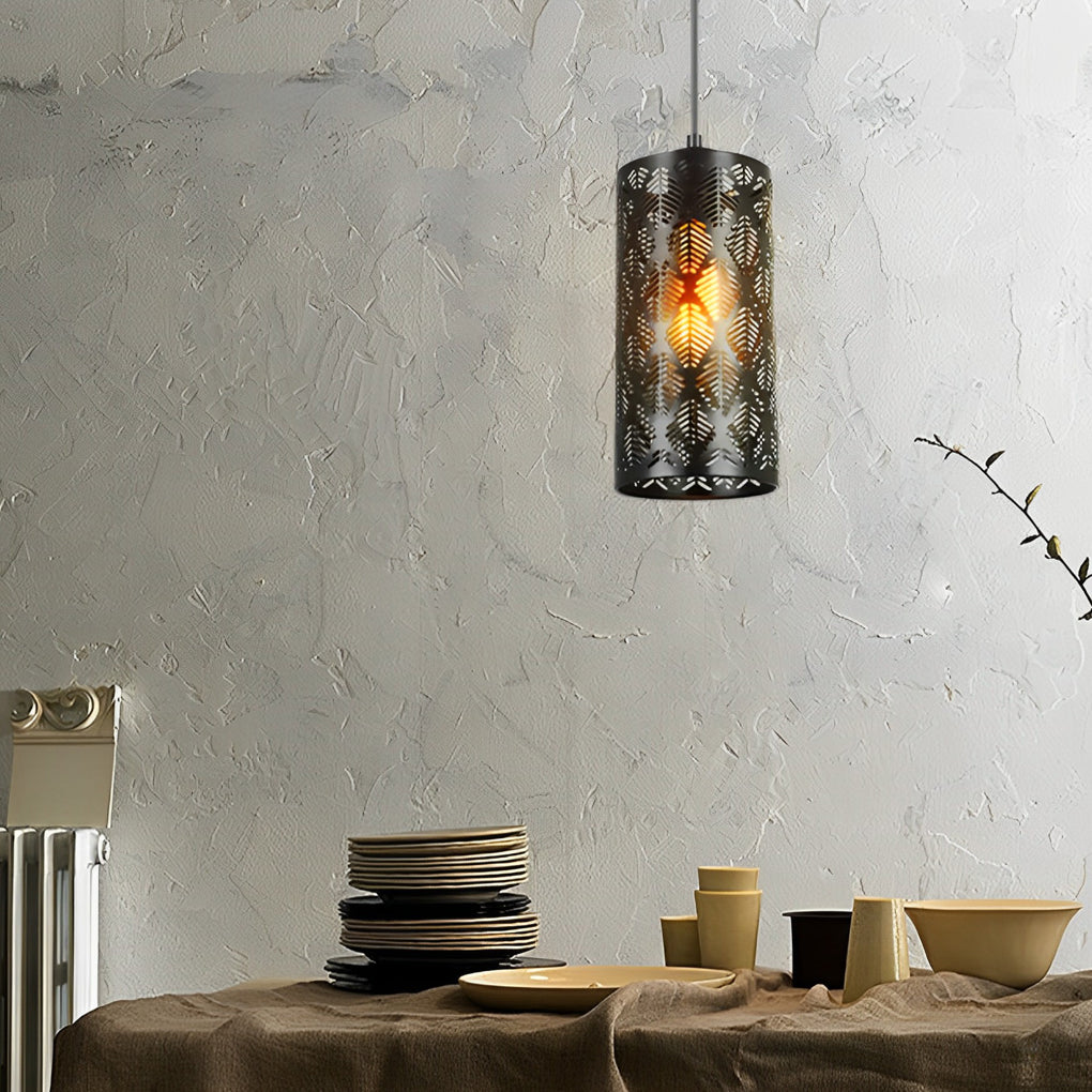 Modern Retro Cylindrical Hollow Iron Black Industrial Style Pendant Light for Kitchen and Dining Room