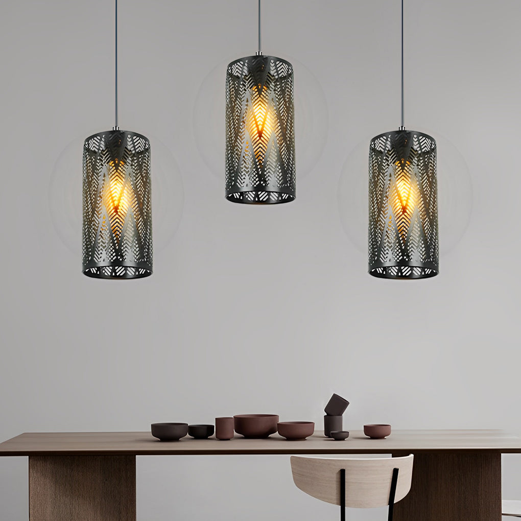 Modern Retro Cylindrical Hollow Iron Black Industrial Style Pendant Light for Kitchen and Dining Room