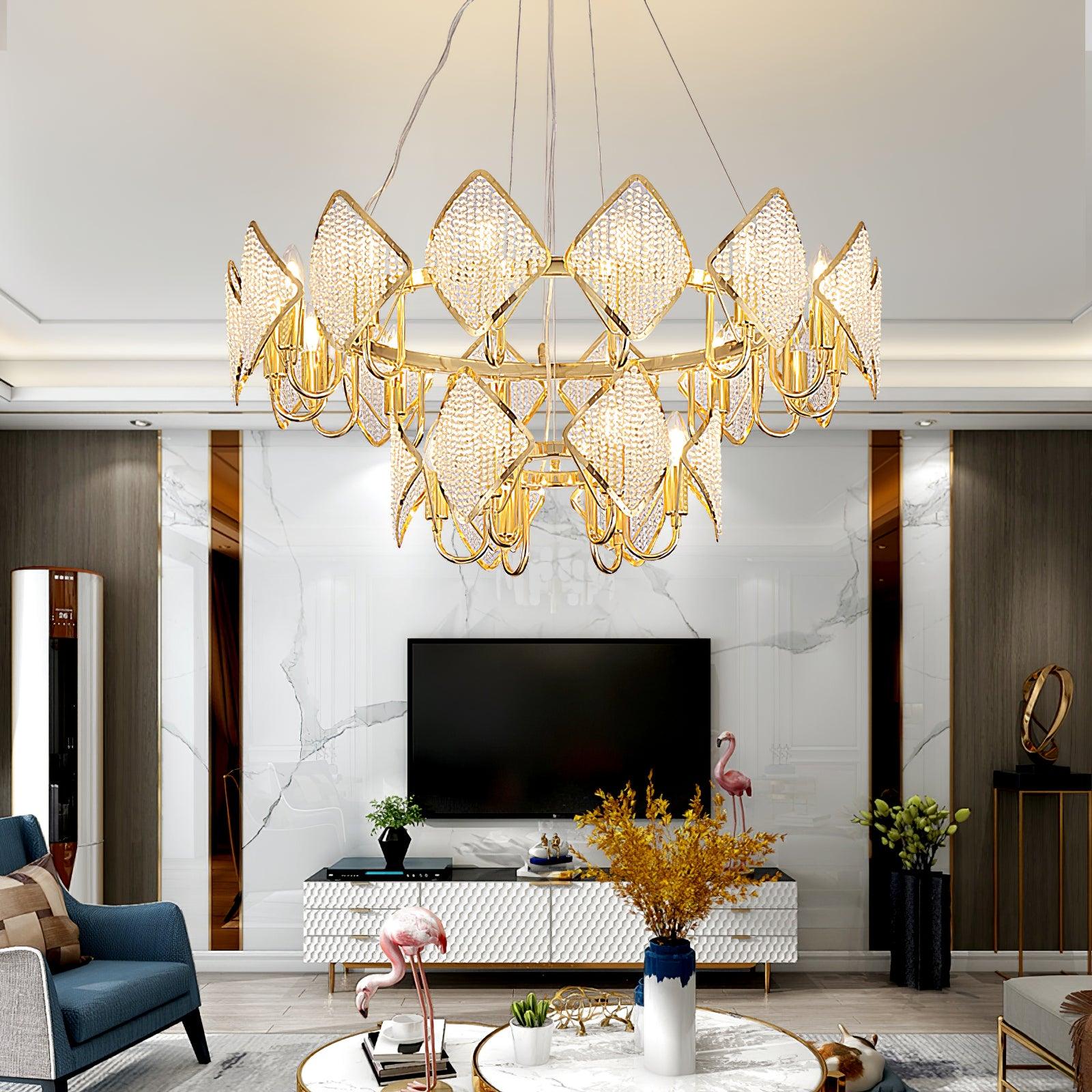 Modern Rhombus Crystal Chandelier Gold Geometric Ring LED Pendant Lighting for Luxury Interiors