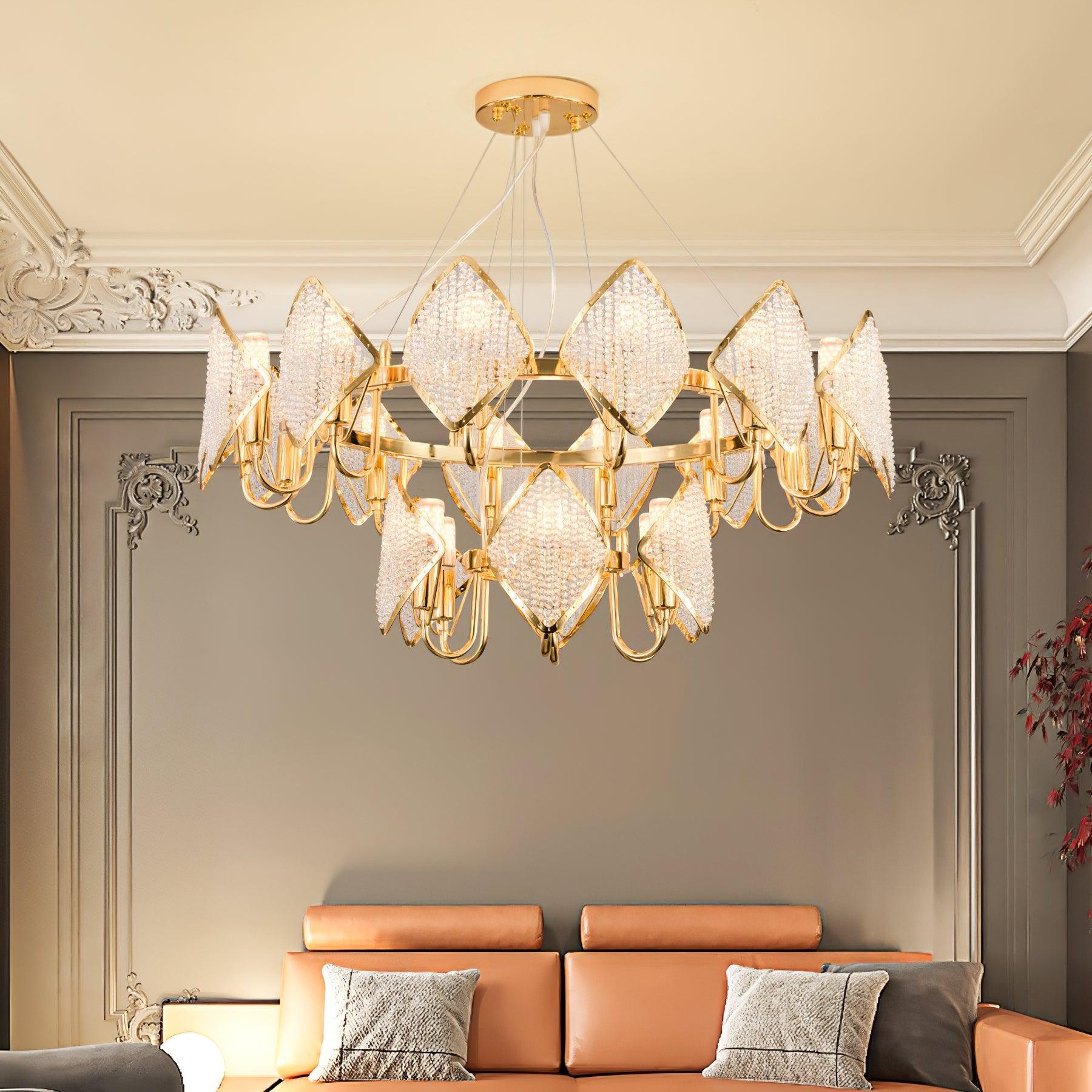 Modern Rhombus Crystal Chandelier Gold Geometric Ring LED Pendant Lighting for Luxury Interiors