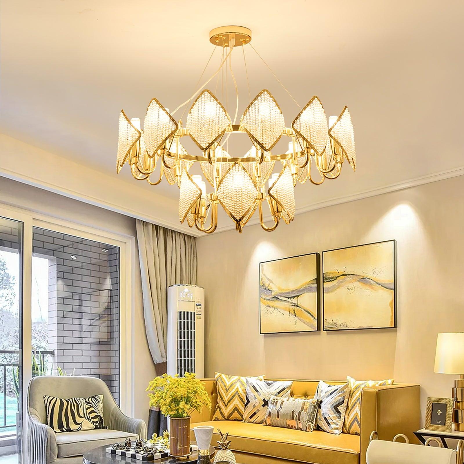 Modern Rhombus Crystal Chandelier Gold Geometric Ring LED Pendant Lighting for Luxury Interiors