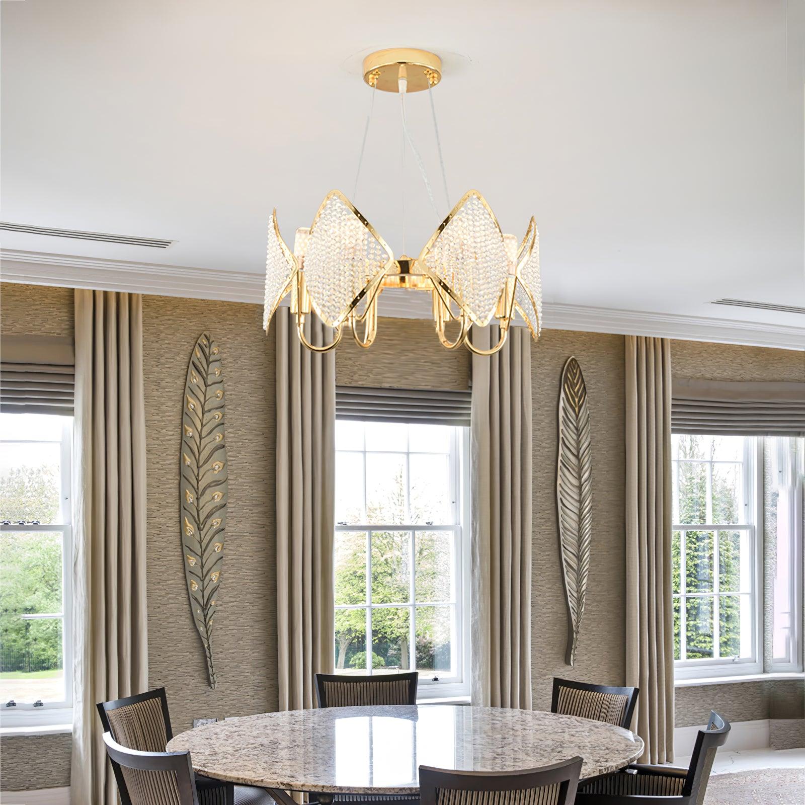 Modern Rhombus Crystal Chandelier Gold Geometric Ring LED Pendant Lighting for Luxury Interiors