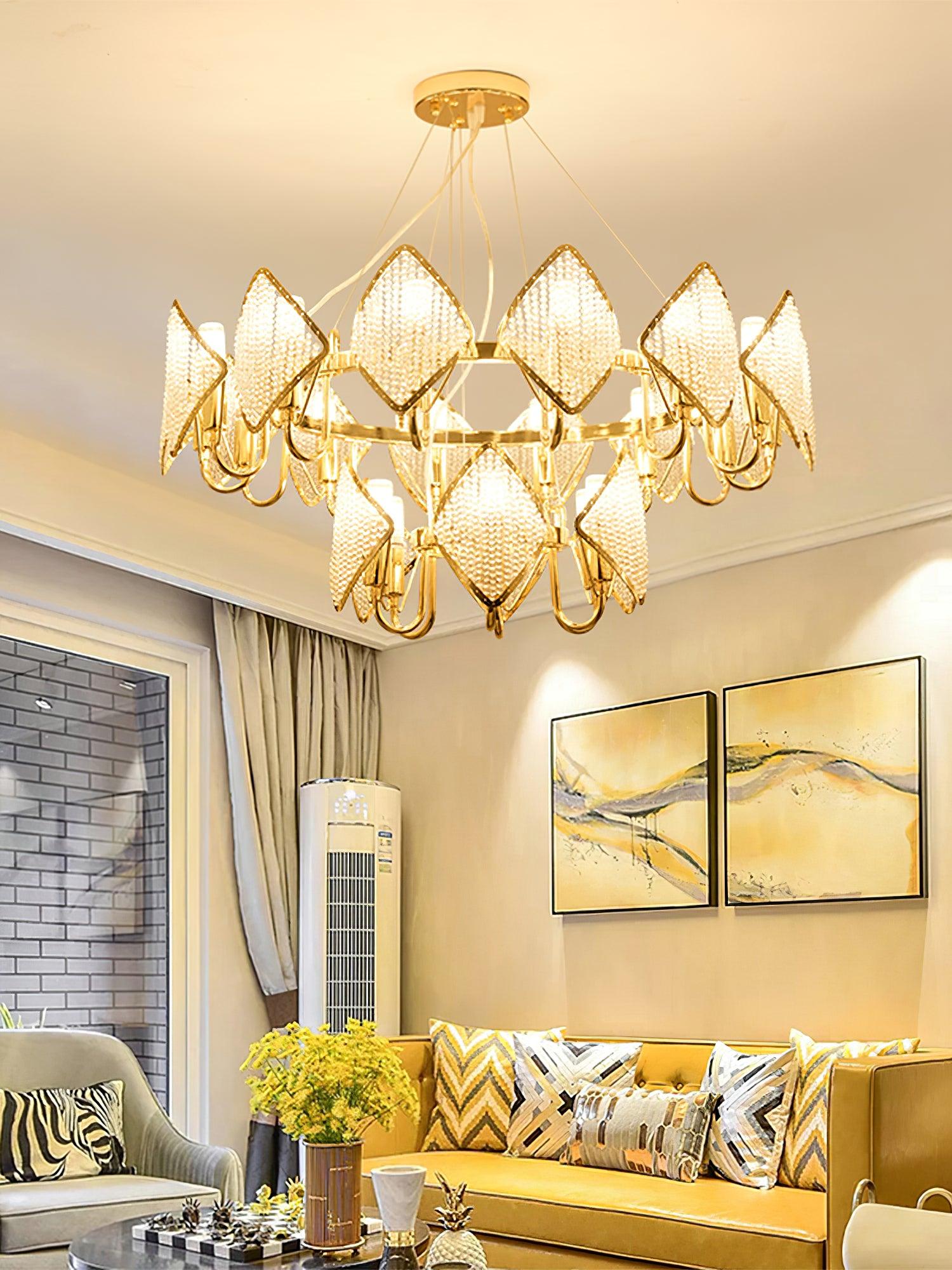 Modern Rhombus Crystal Chandelier Gold Geometric Ring LED Pendant Lighting for Luxury Interiors