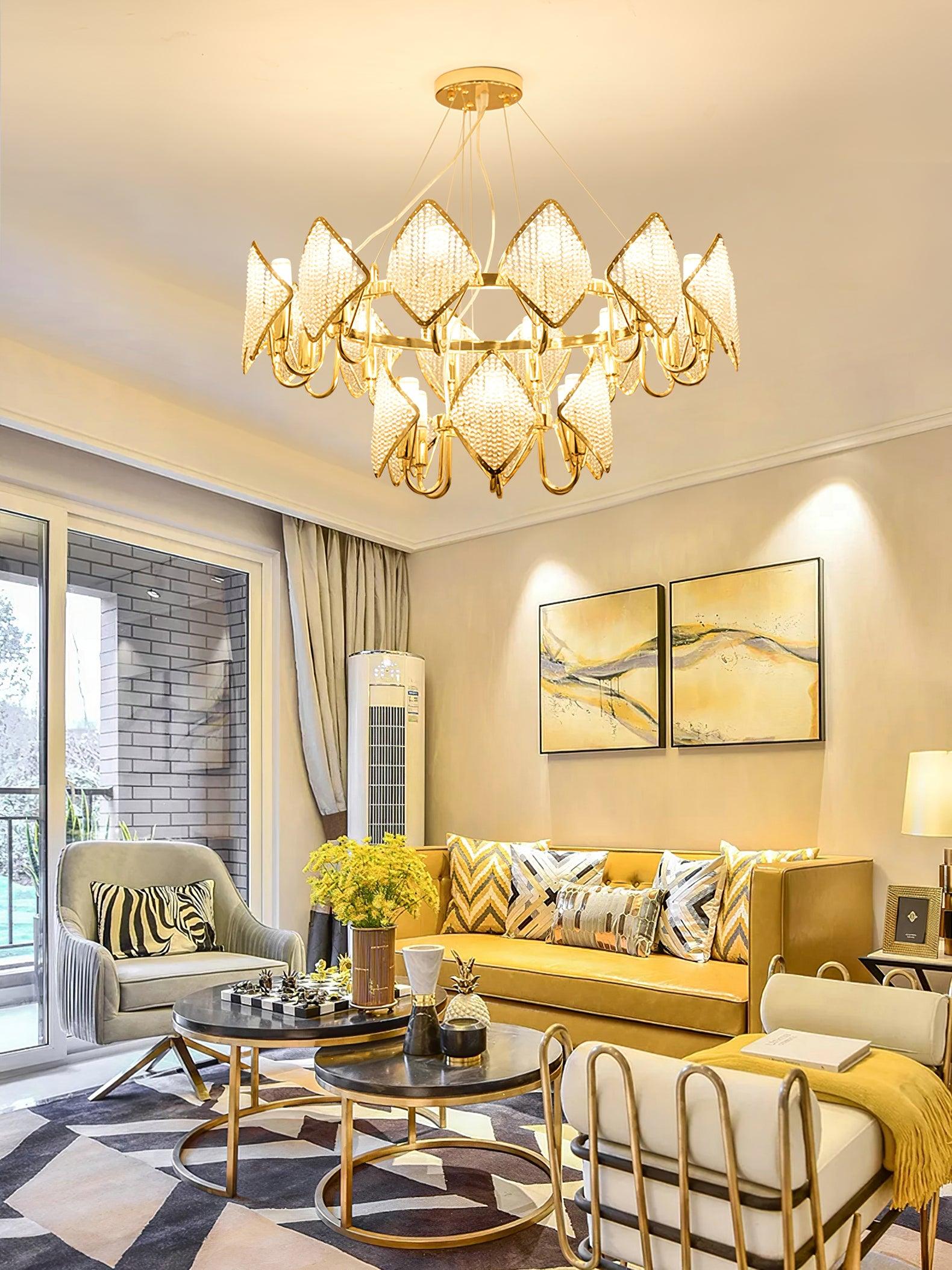 Modern Rhombus Crystal Chandelier Gold Geometric Ring LED Pendant Lighting for Luxury Interiors