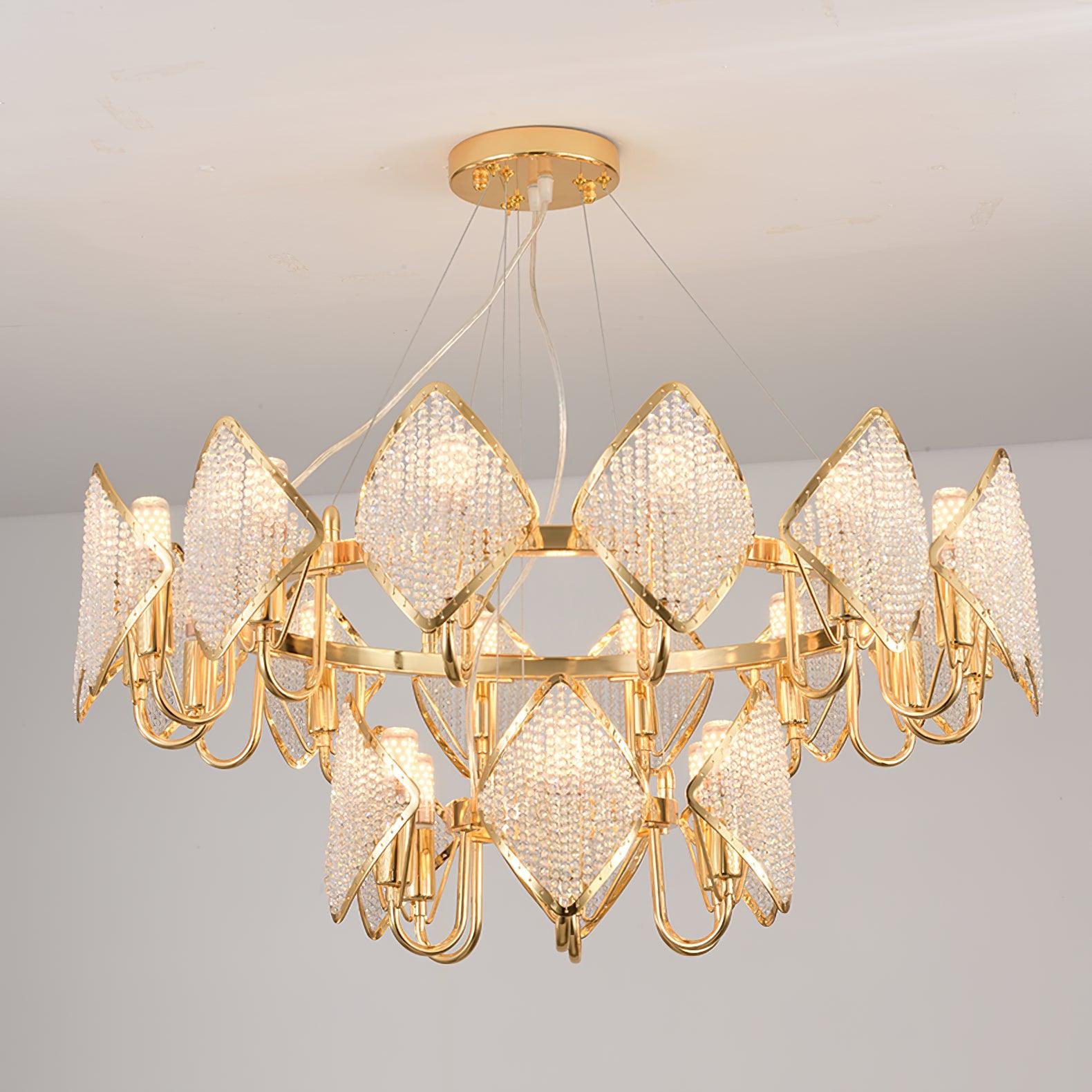 Modern Rhombus Crystal Chandelier Gold Geometric Ring LED Pendant Lighting for Luxury Interiors