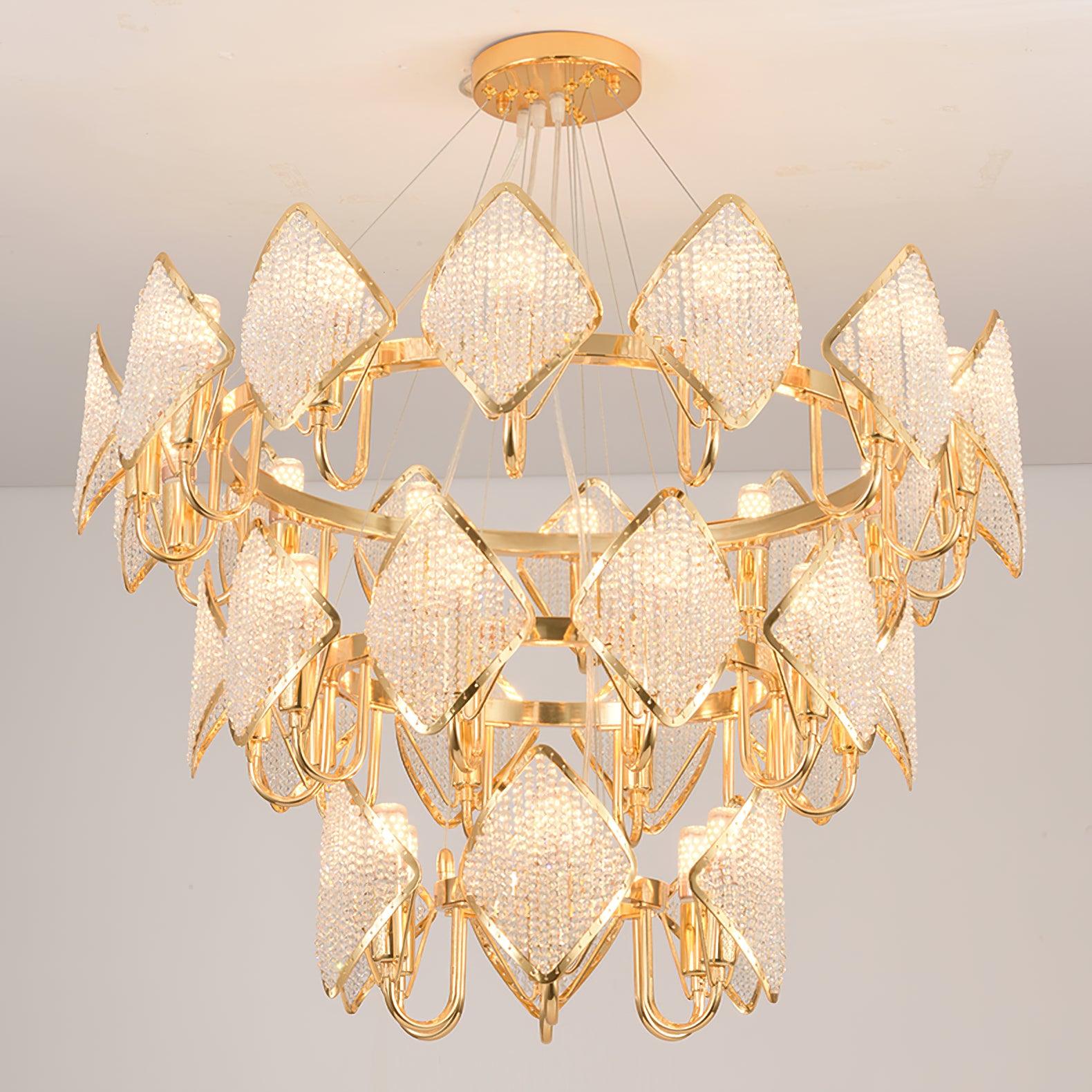 Modern Rhombus Crystal Chandelier Gold Geometric Ring LED Pendant Lighting for Luxury Interiors