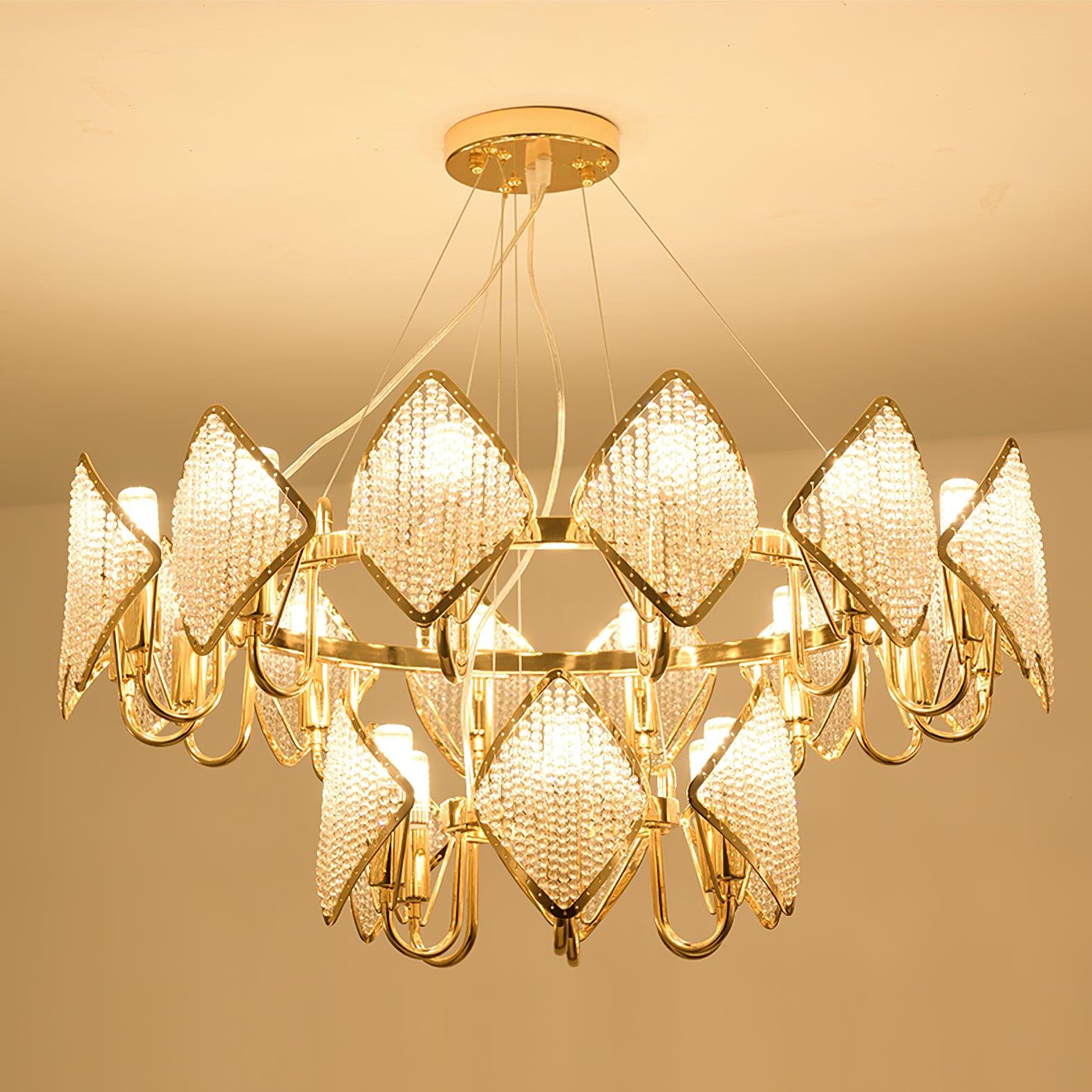 Modern Rhombus Crystal Chandelier Gold Geometric Ring LED Pendant Lighting for Luxury Interiors