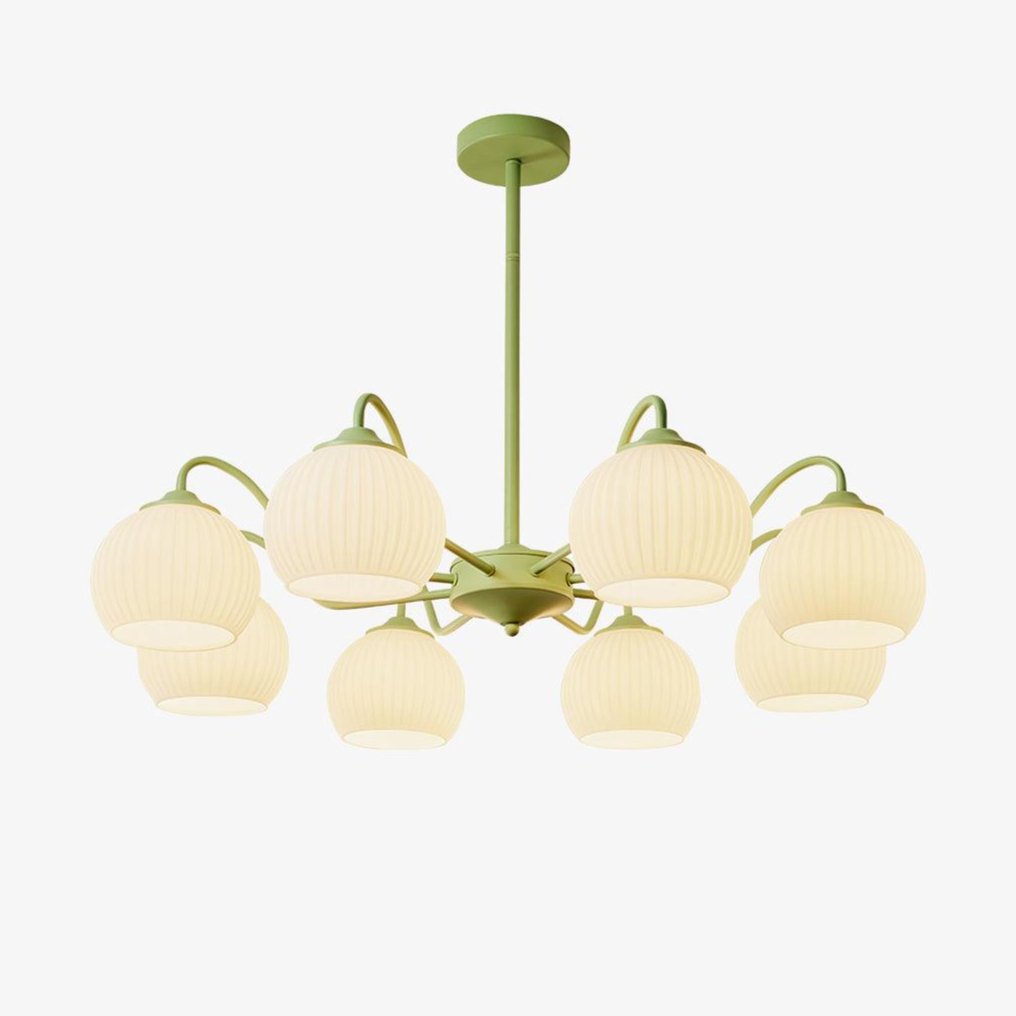 Modern Ribbed Glass Matcha Branch Chandelier with Milky White Shades for Living Dining Room