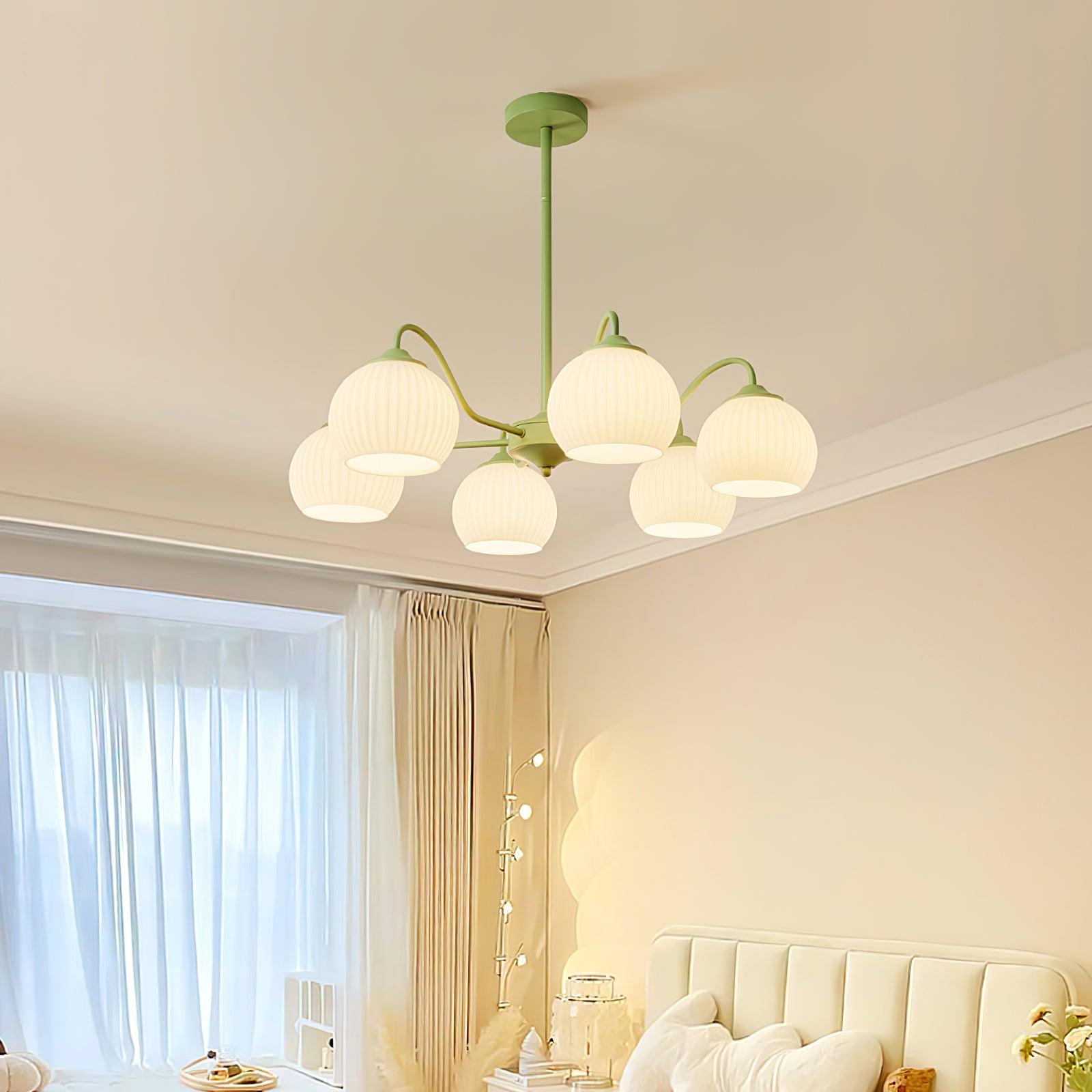 Modern Ribbed Glass Matcha Branch Chandelier with Milky White Shades for Living Dining Room