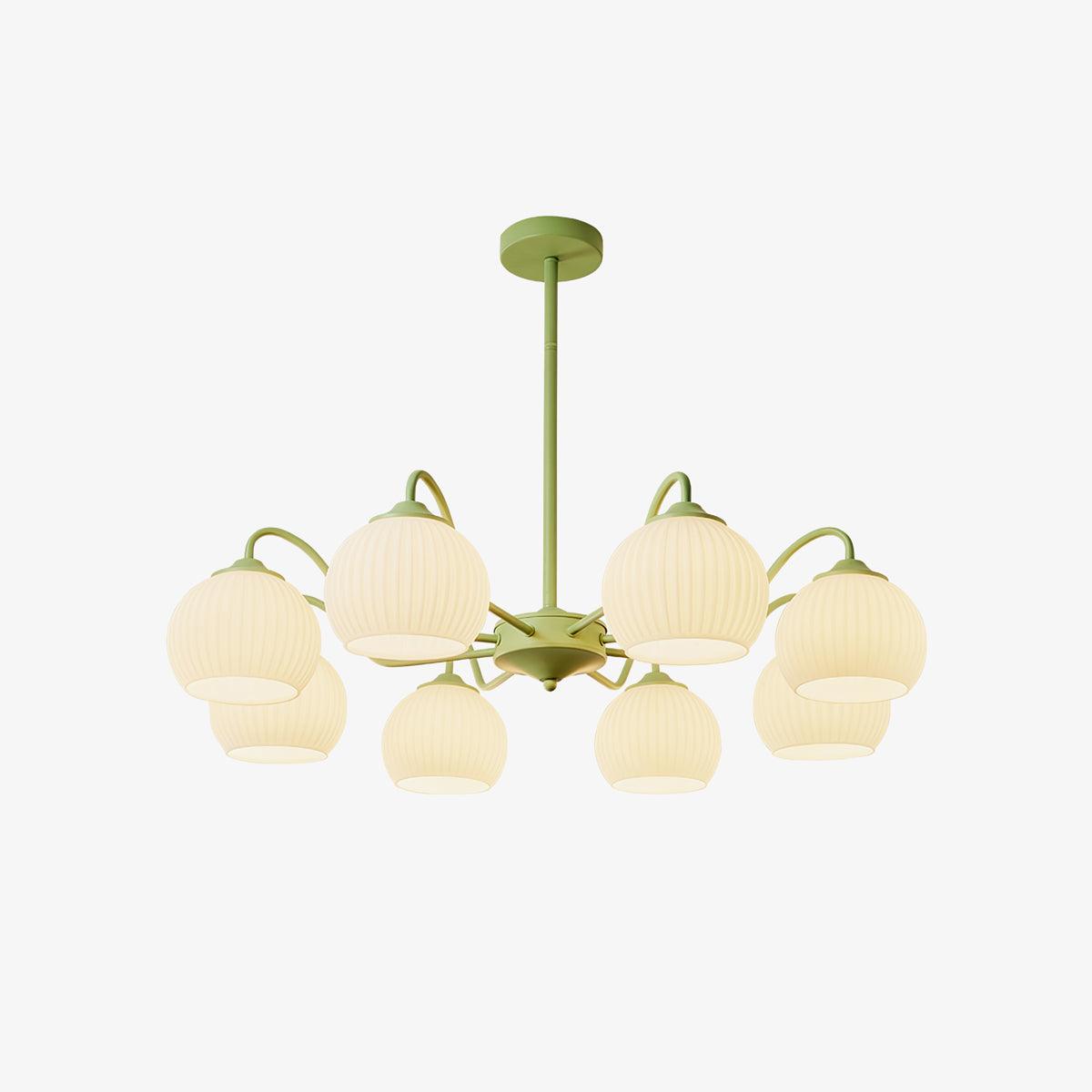Modern Ribbed Glass Matcha Branch Chandelier with Milky White Shades for Living Dining Room