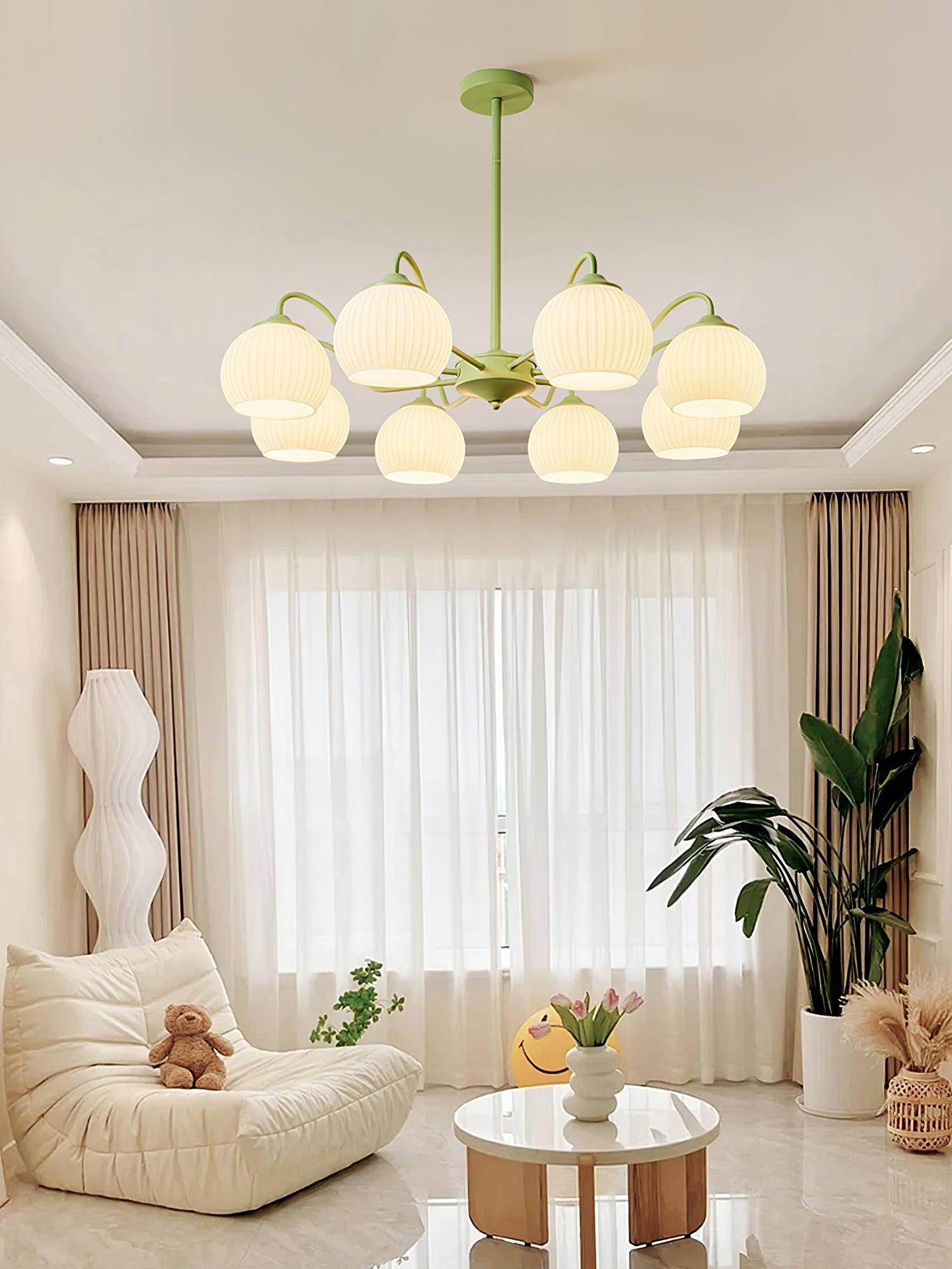 Modern Ribbed Glass Matcha Branch Chandelier with Milky White Shades for Living Dining Room