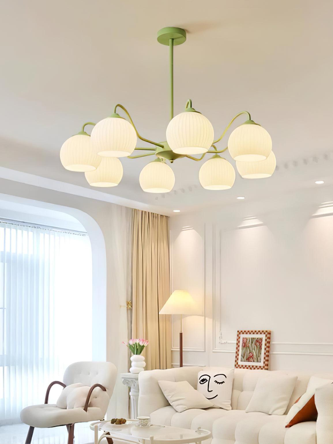 Modern Ribbed Glass Matcha Branch Chandelier with Milky White Shades for Living Dining Room