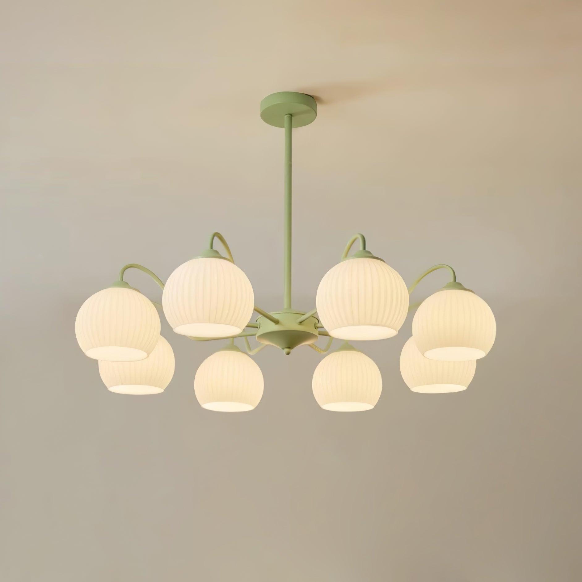 Modern Ribbed Glass Matcha Branch Chandelier with Milky White Shades for Living Dining Room