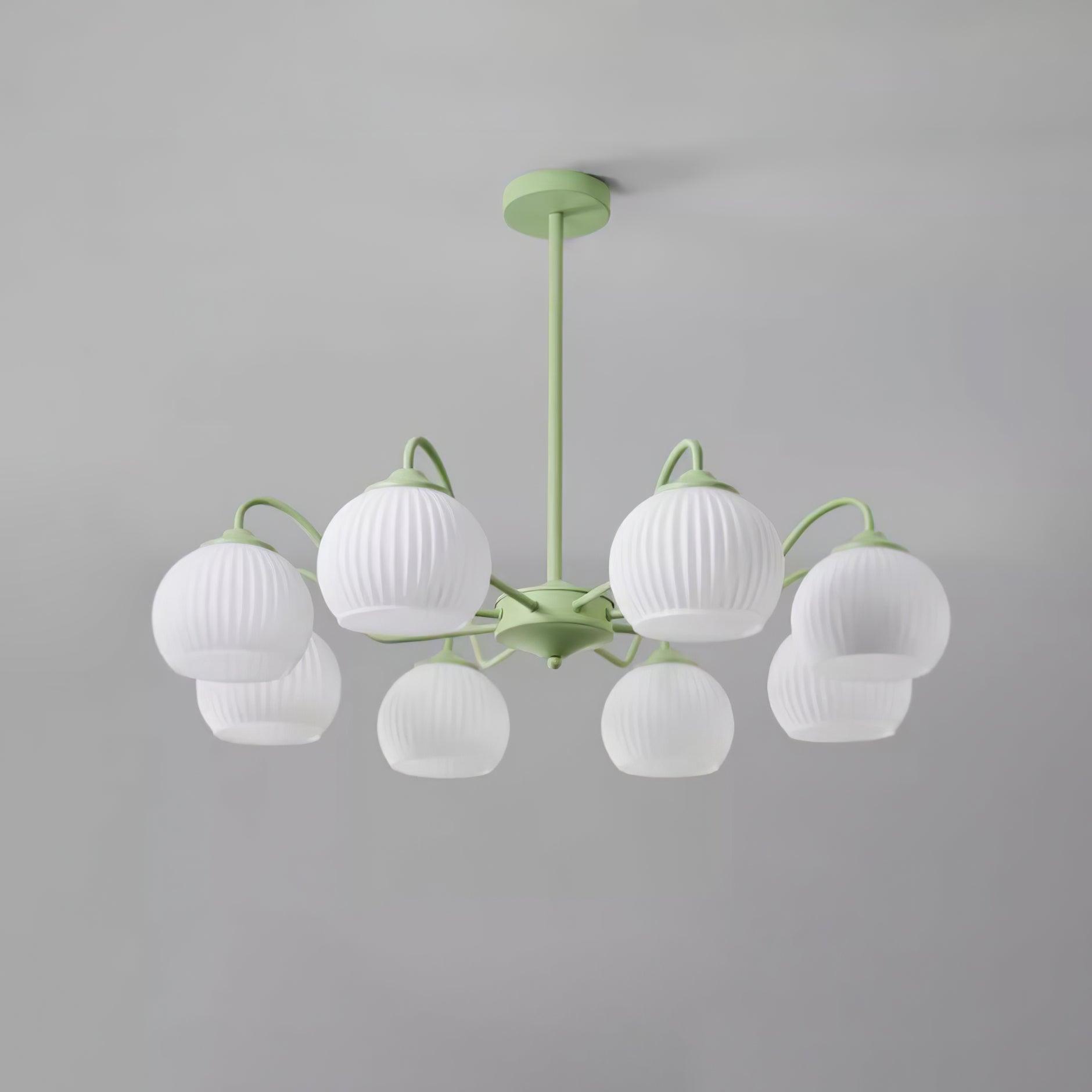 Modern Ribbed Glass Matcha Branch Chandelier with Milky White Shades for Living Dining Room