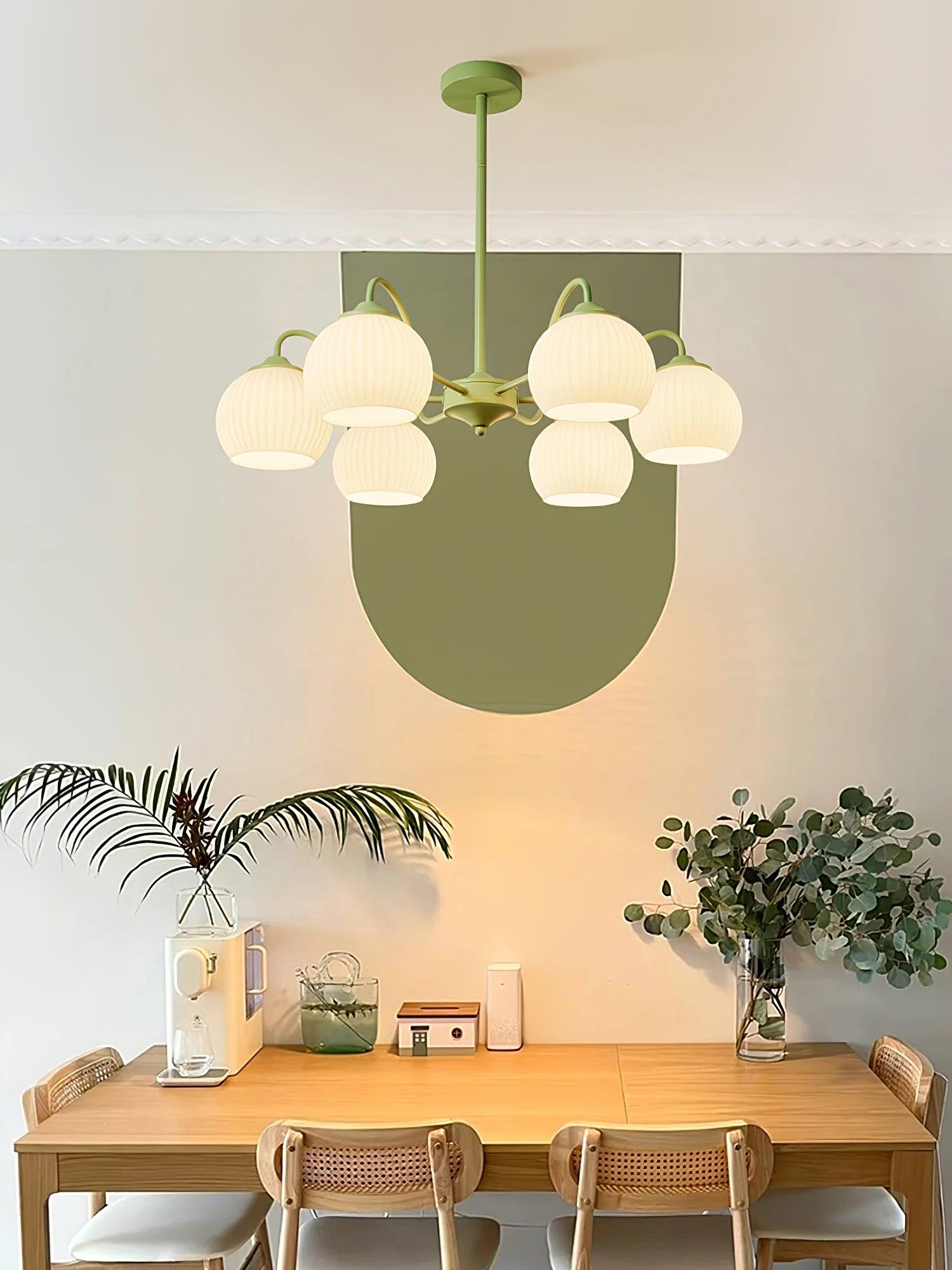 Modern Ribbed Glass Matcha Branch Chandelier with Milky White Shades for Living Dining Room