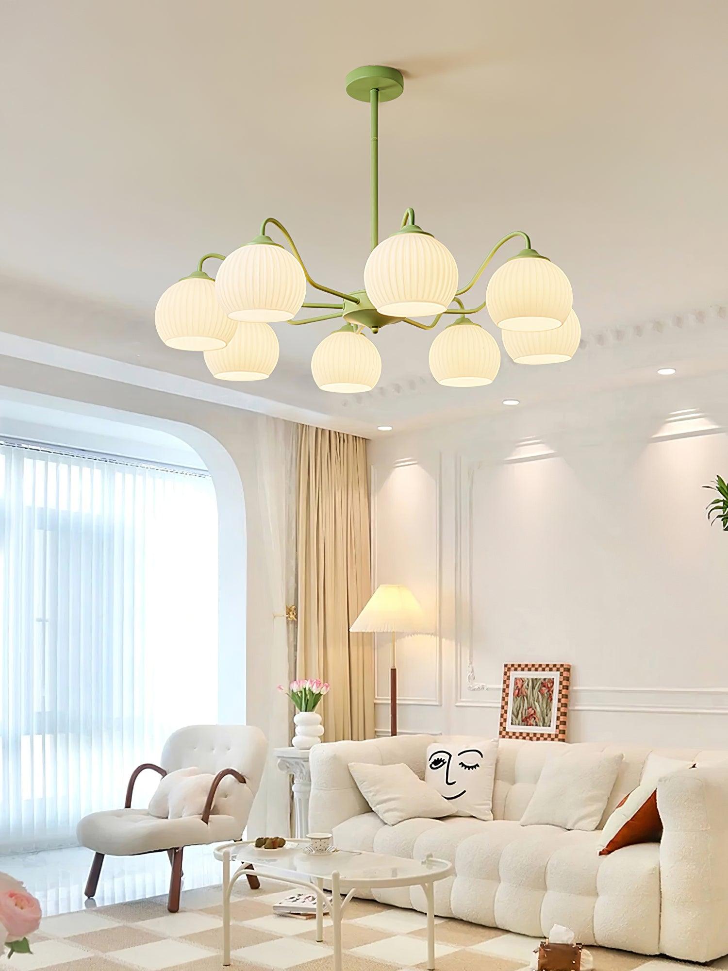 Modern Ribbed Glass Matcha Branch Chandelier with Milky White Shades for Living Dining Room