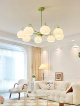 Modern Ribbed Glass Matcha Branch Chandelier with Milky White Shades for Living Dining Room